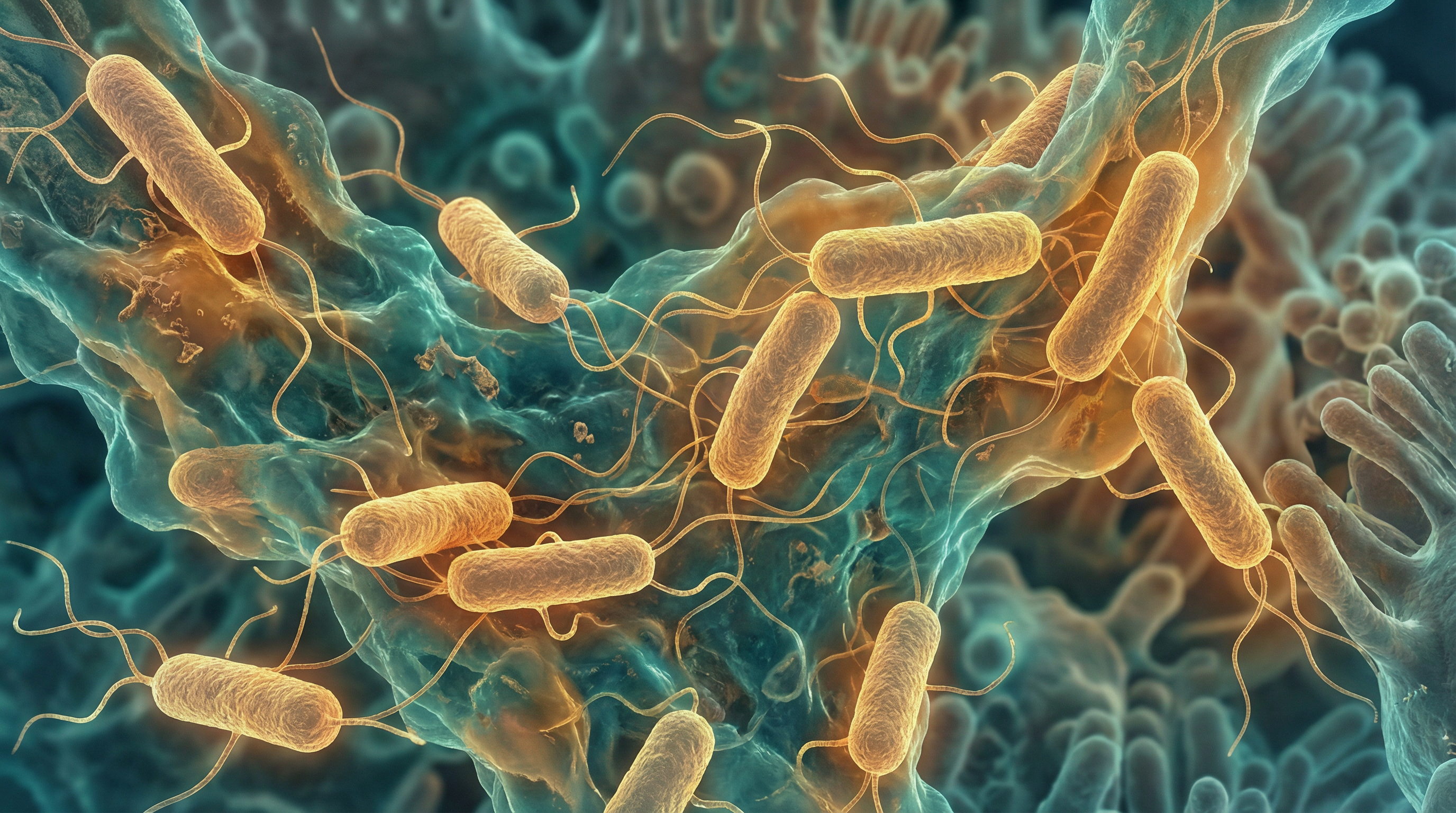 Scientifically accurate microscopy-style illustration of Salmonella enterica showing its characteristic gram-negative rod-shaped bacterium with peritrichous flagella
