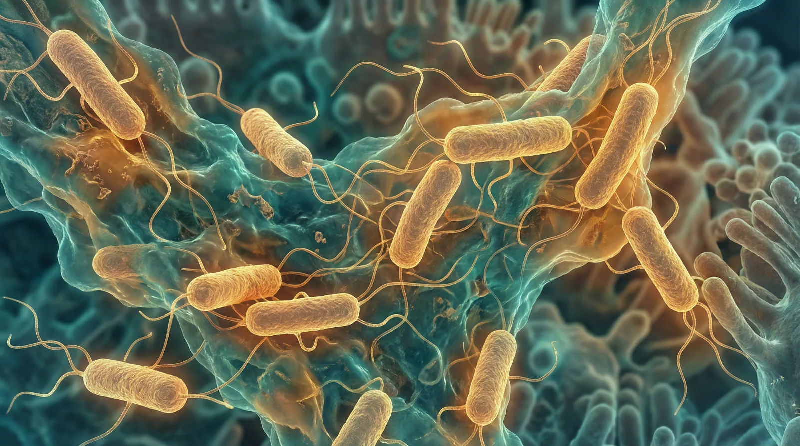 Scientifically accurate microscopy-style illustration of Salmonella enterica showing its characteristic gram-negative rod-shaped bacterium with peritrichous flagella