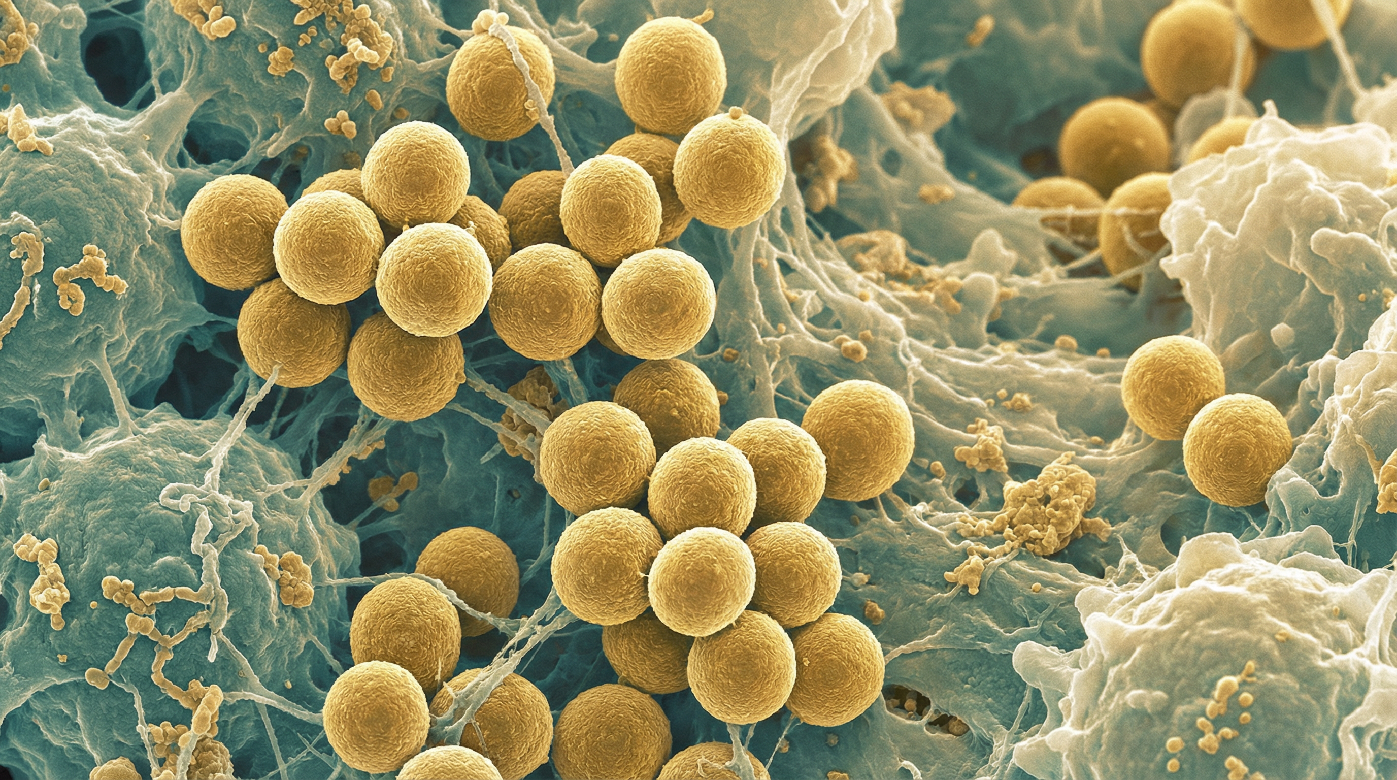 Scientifically accurate microscopy-style illustration of Staphylococcus aureus showing its characteristic gram-positive spherical coccus arranged in grape-like clusters with golden pigmentation