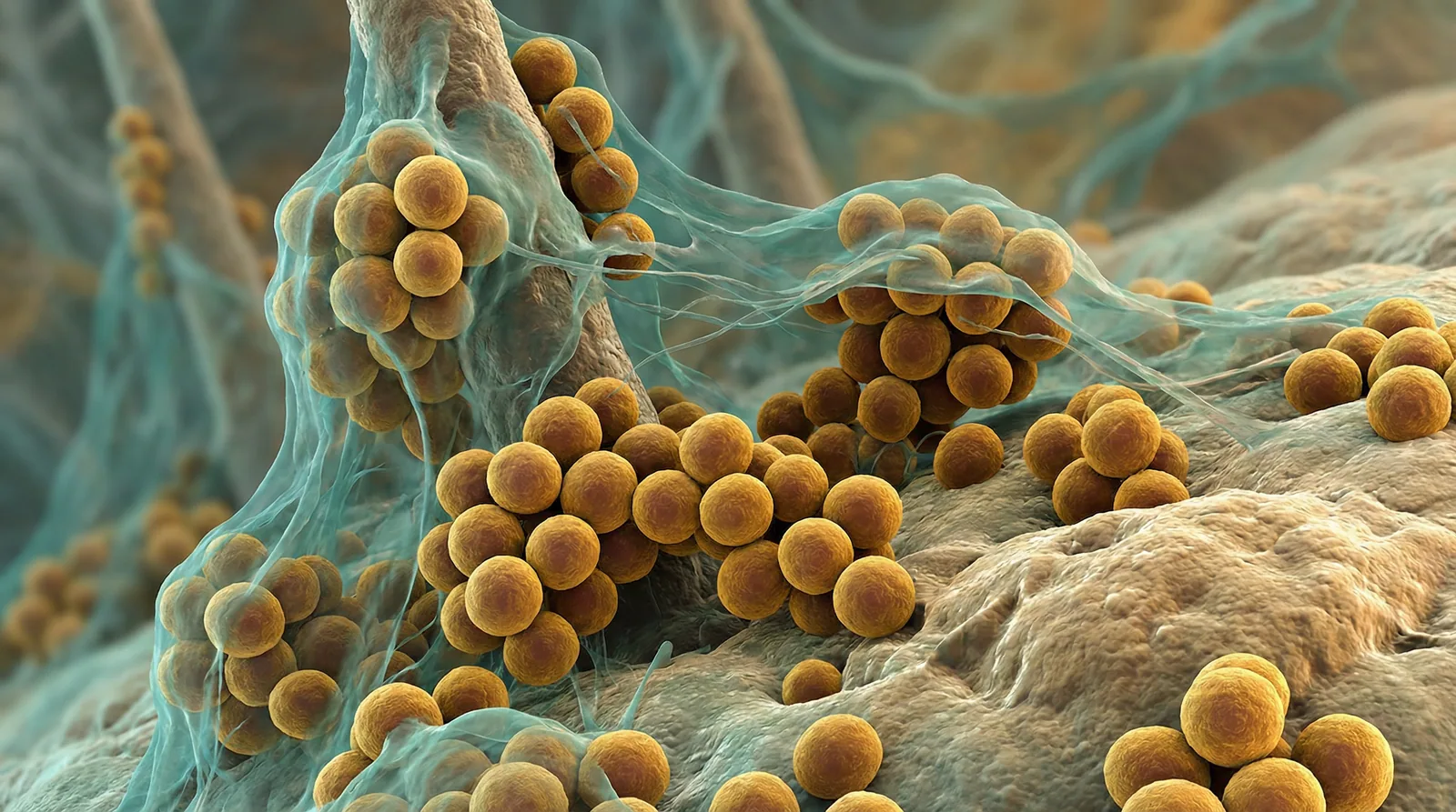 Scientifically accurate microscopy-style illustration of Staphylococcus epidermidis showing its characteristic gram-positive spherical coccus in grape-like clusters