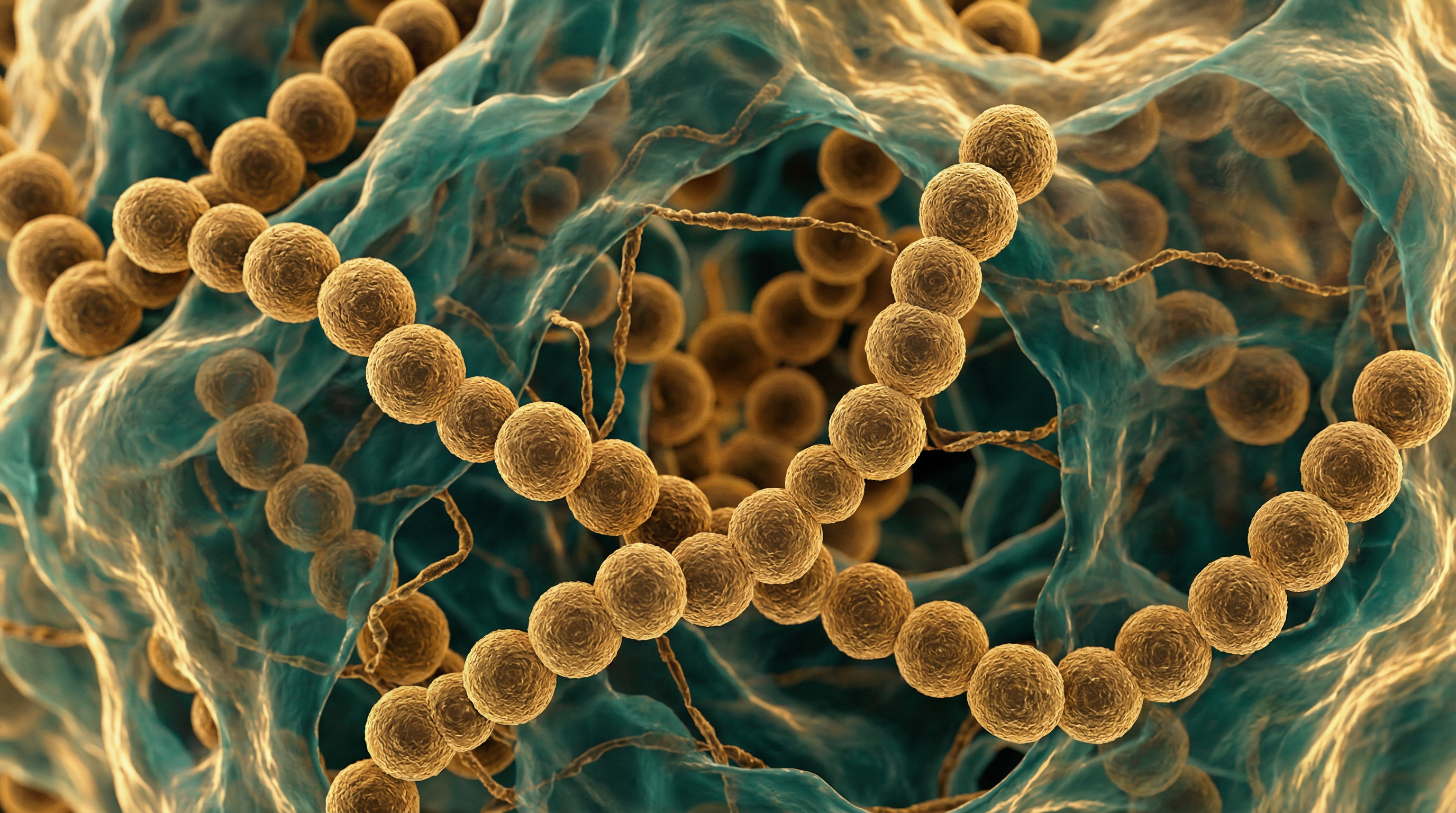 Scientifically accurate microscopy-style illustration of Streptococcus mitis showing its characteristic gram-positive spherical coccus arranged in chains