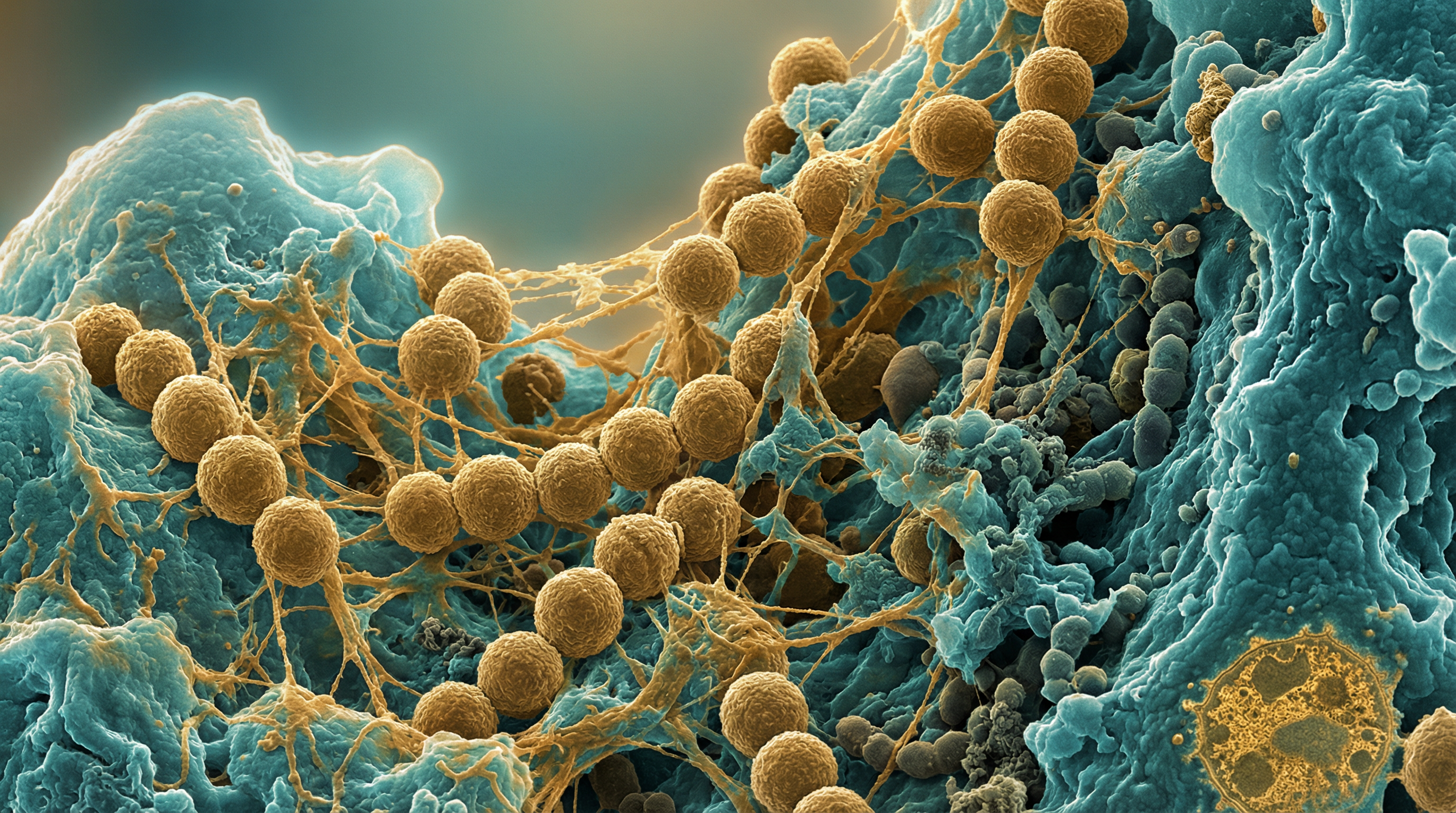 Scientifically accurate microscopy-style illustration of Streptococcus mutans showing its characteristic gram-positive spherical coccus in chains