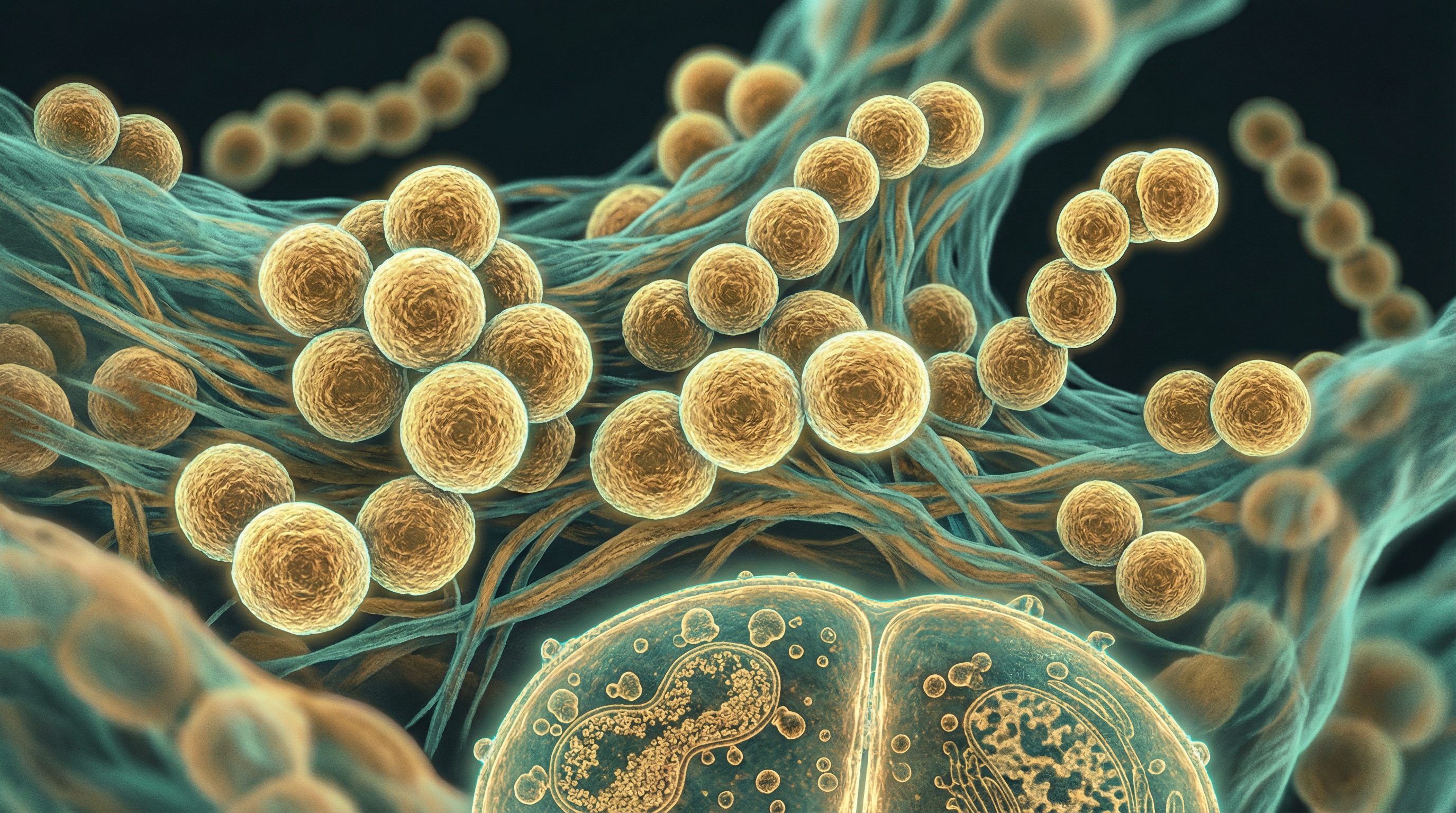 Scientifically accurate microscopy-style illustration of Streptococcus oralis showing its characteristic gram-positive spherical coccus arranged in short chains