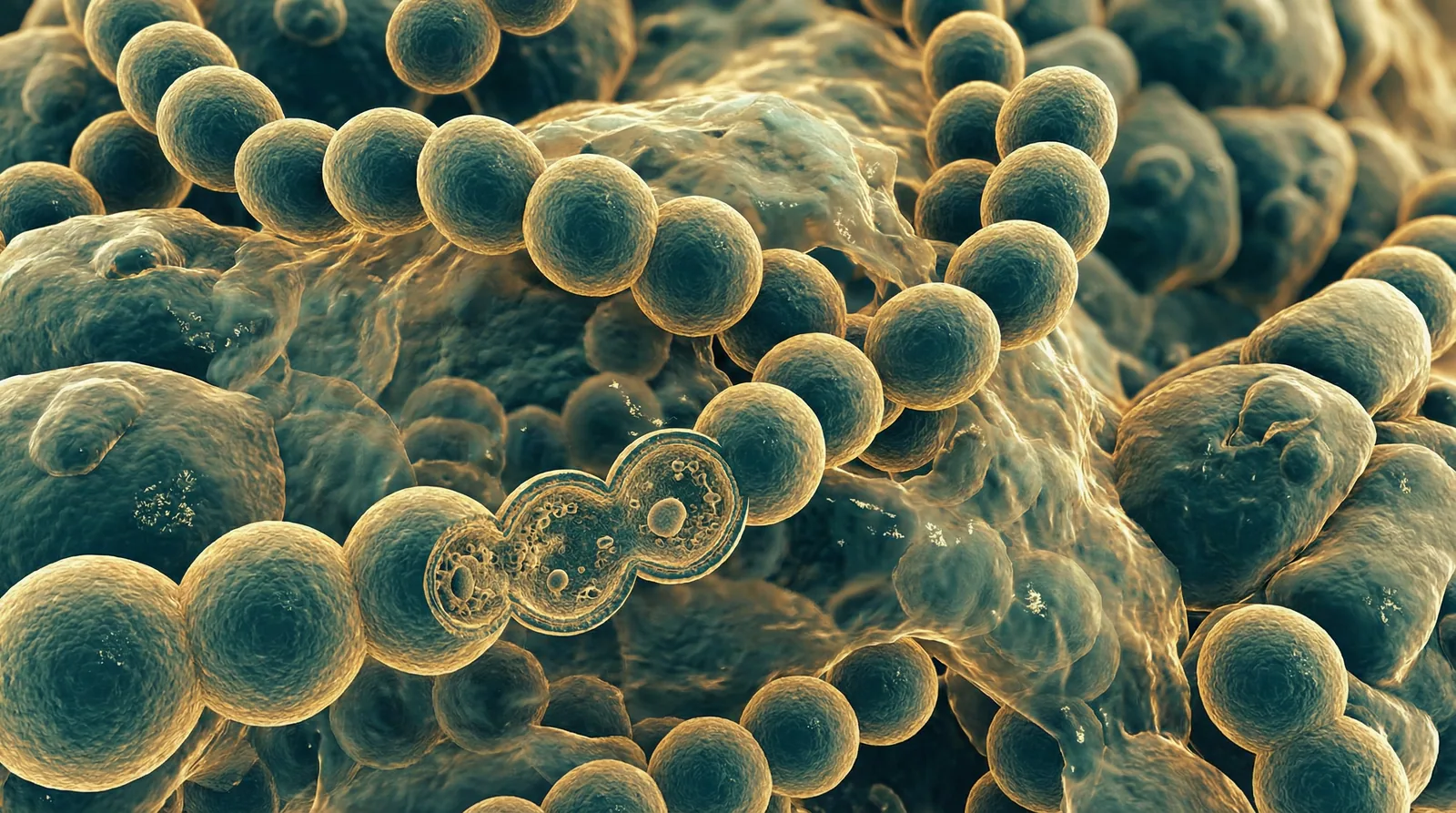 Scientifically accurate microscopy-style illustration of Streptococcus pyogenes showing its characteristic gram-positive spherical coccus arranged in long chains