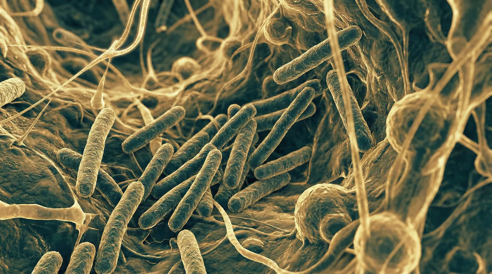 Scientifically accurate microscopy-style illustration of Synergistetes species showing its characteristic gram-negative thin rod-shaped anaerobic bacterium