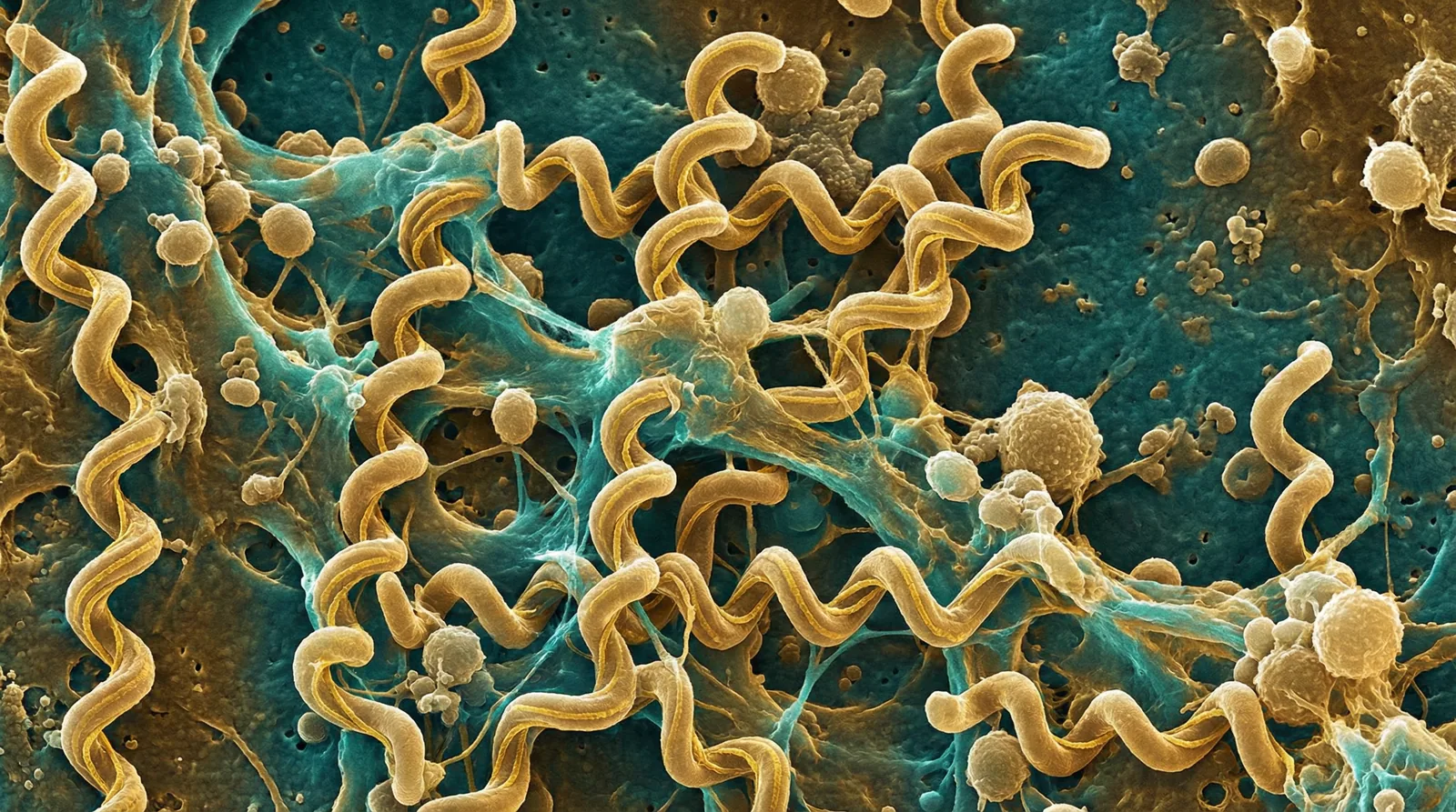 Scientifically accurate microscopy-style illustration of Treponema denticola showing its characteristic gram-negative spirochete with tight helical coils and periplasmic flagella
