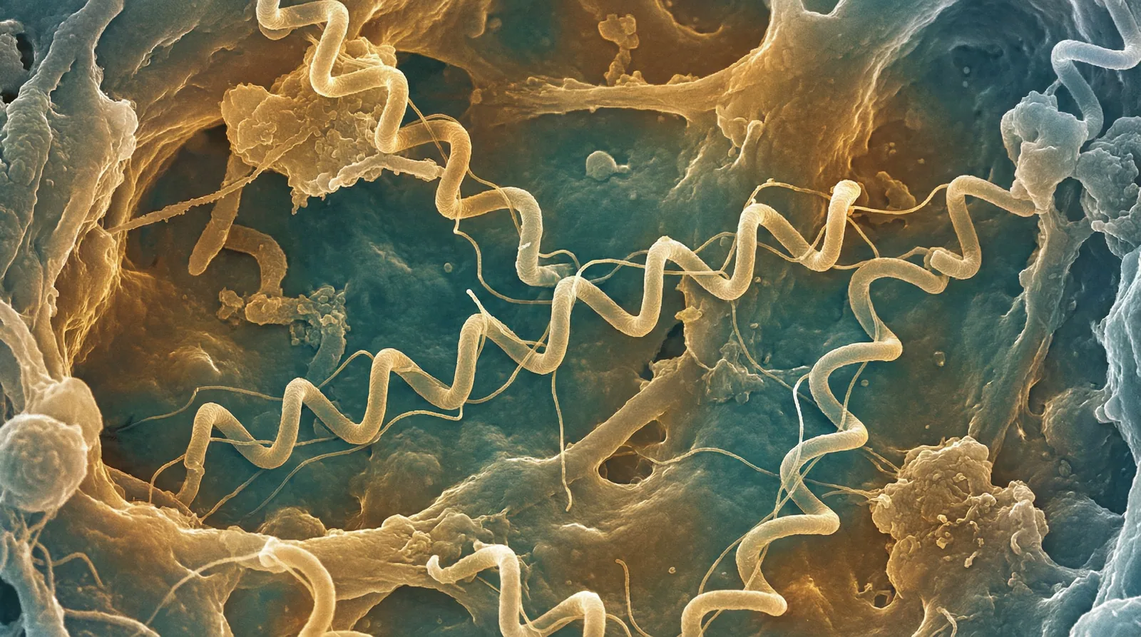 Scientifically accurate microscopy-style illustration of Treponema pallidum showing its characteristic gram-negative spirochete with tight regular helical coils and periplasmic flagella