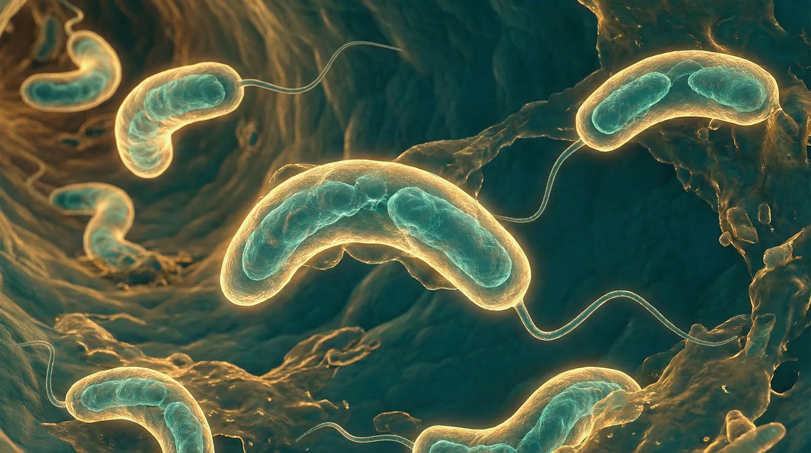 Scientifically accurate microscopy-style illustration of Vibrio cholerae showing its characteristic gram-negative curved comma-shaped rod with a single polar flagellum