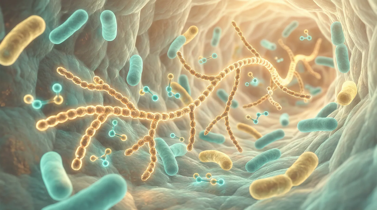 Scientific illustration of acacia fiber being slowly fermented by beneficial gut bacteria in the large intestine producing short-chain fatty acids
