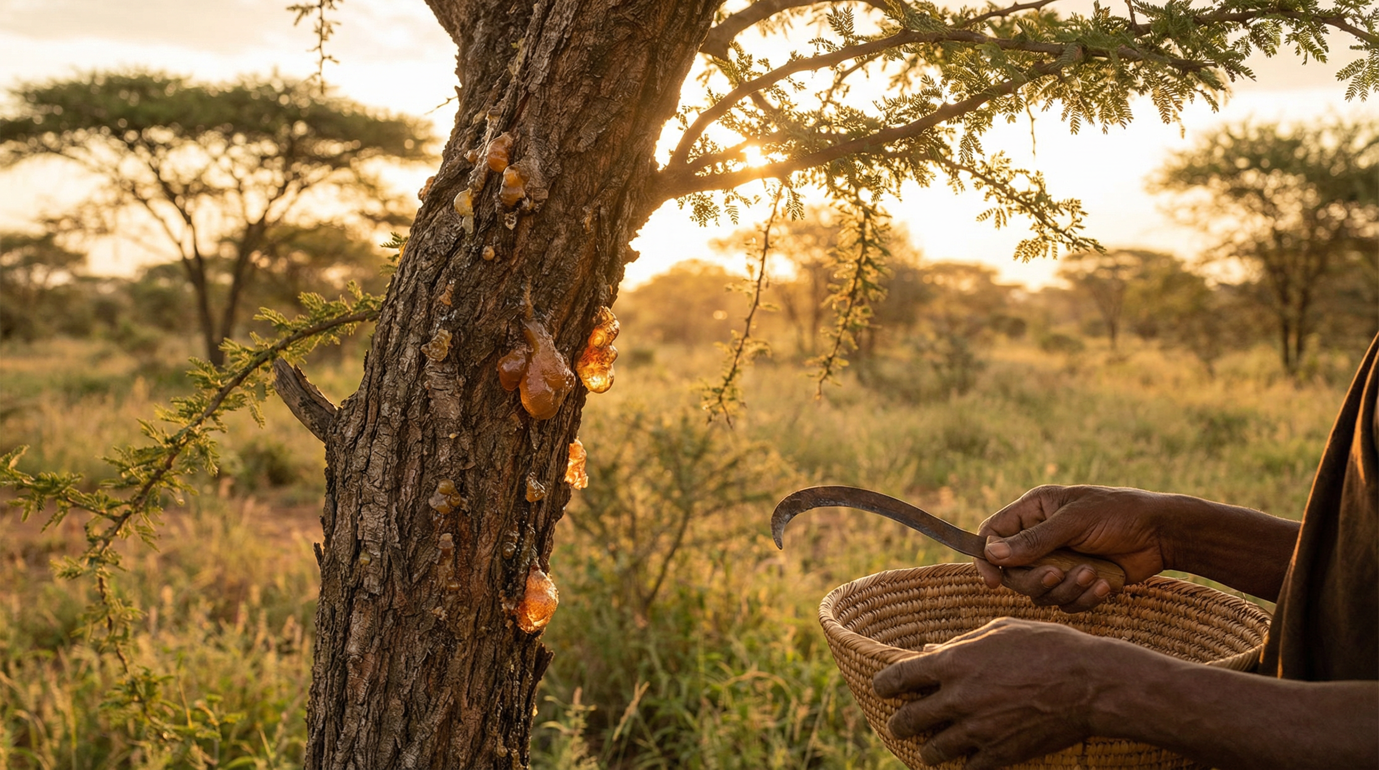 Acacia tree with golden gum arabic resin being harvested, showing the natural source of acacia fiber prebiotic