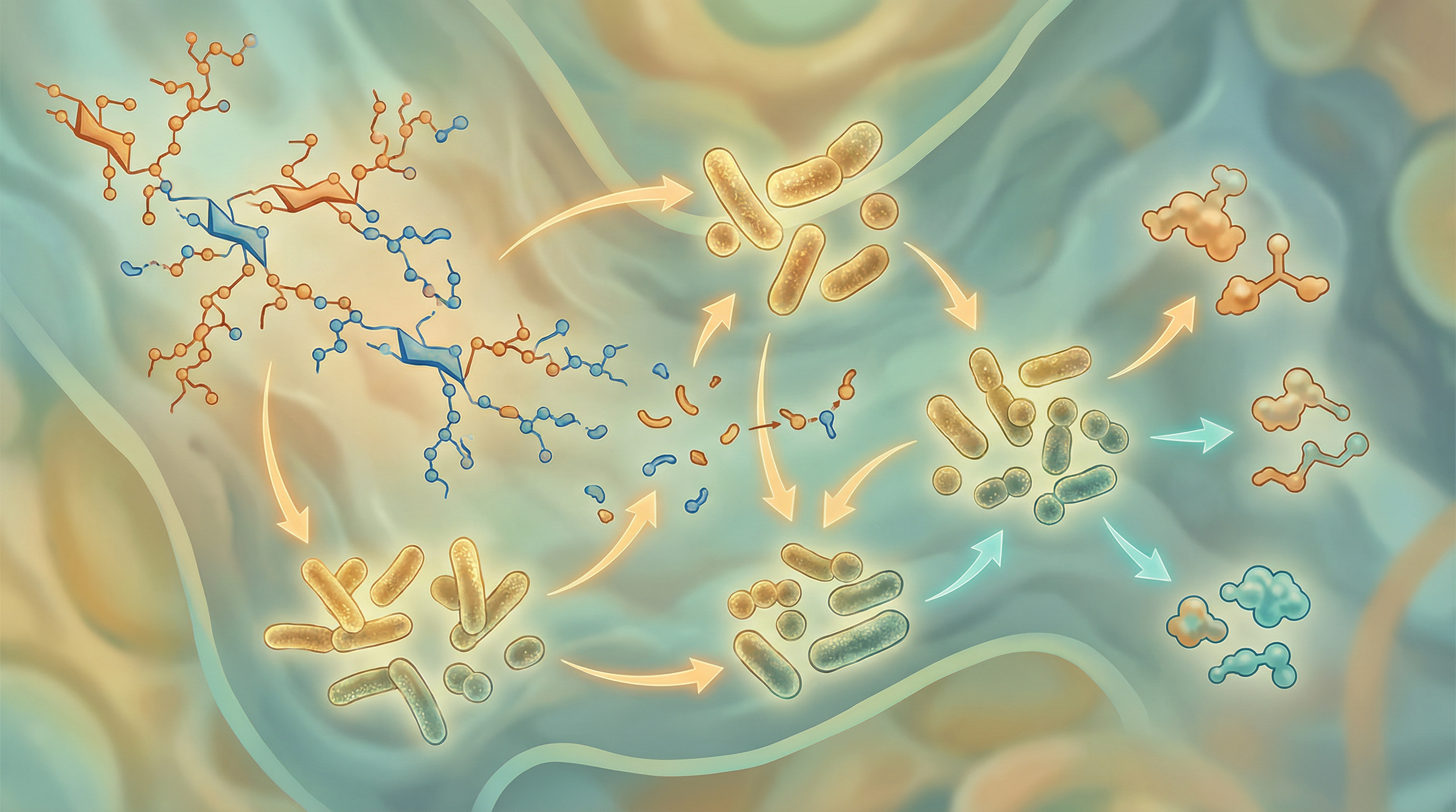 Scientific illustration of arabinoxylan being broken down by gut bacteria through cross-feeding mechanisms producing beneficial metabolites