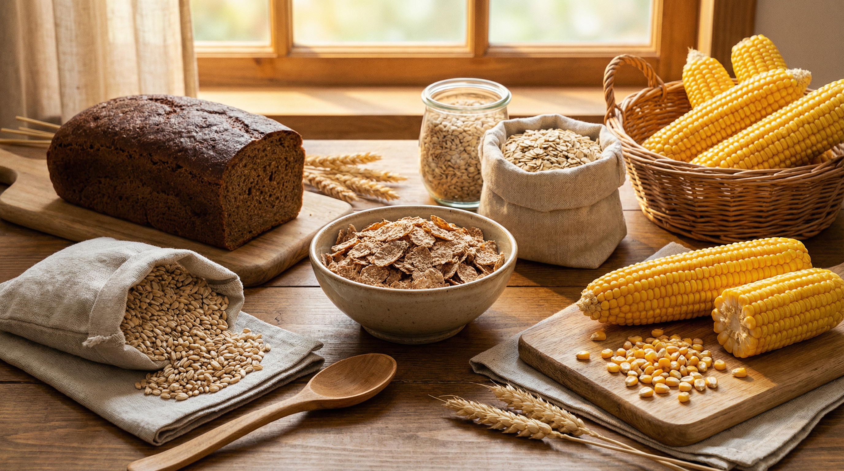Whole grain foods rich in arabinoxylan including wheat bran, rye, barley, and oats arranged in a natural setting