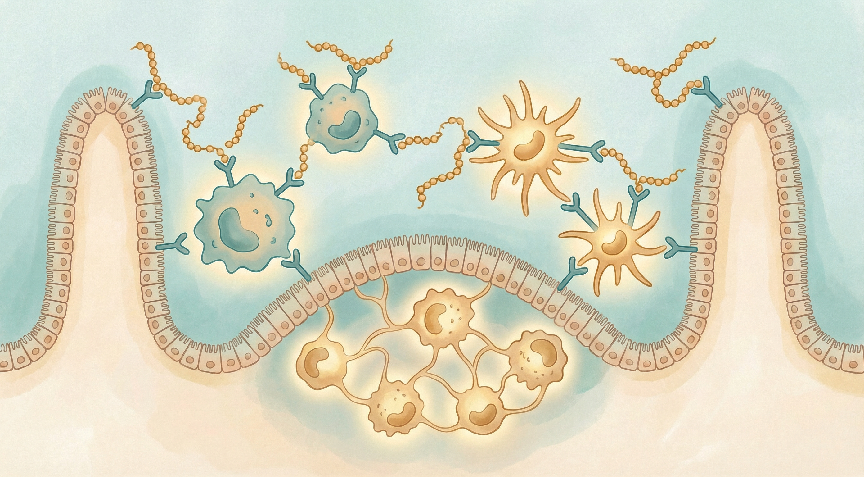 Scientific illustration of beta-glucan molecules activating immune cells through pattern recognition receptors in the gut