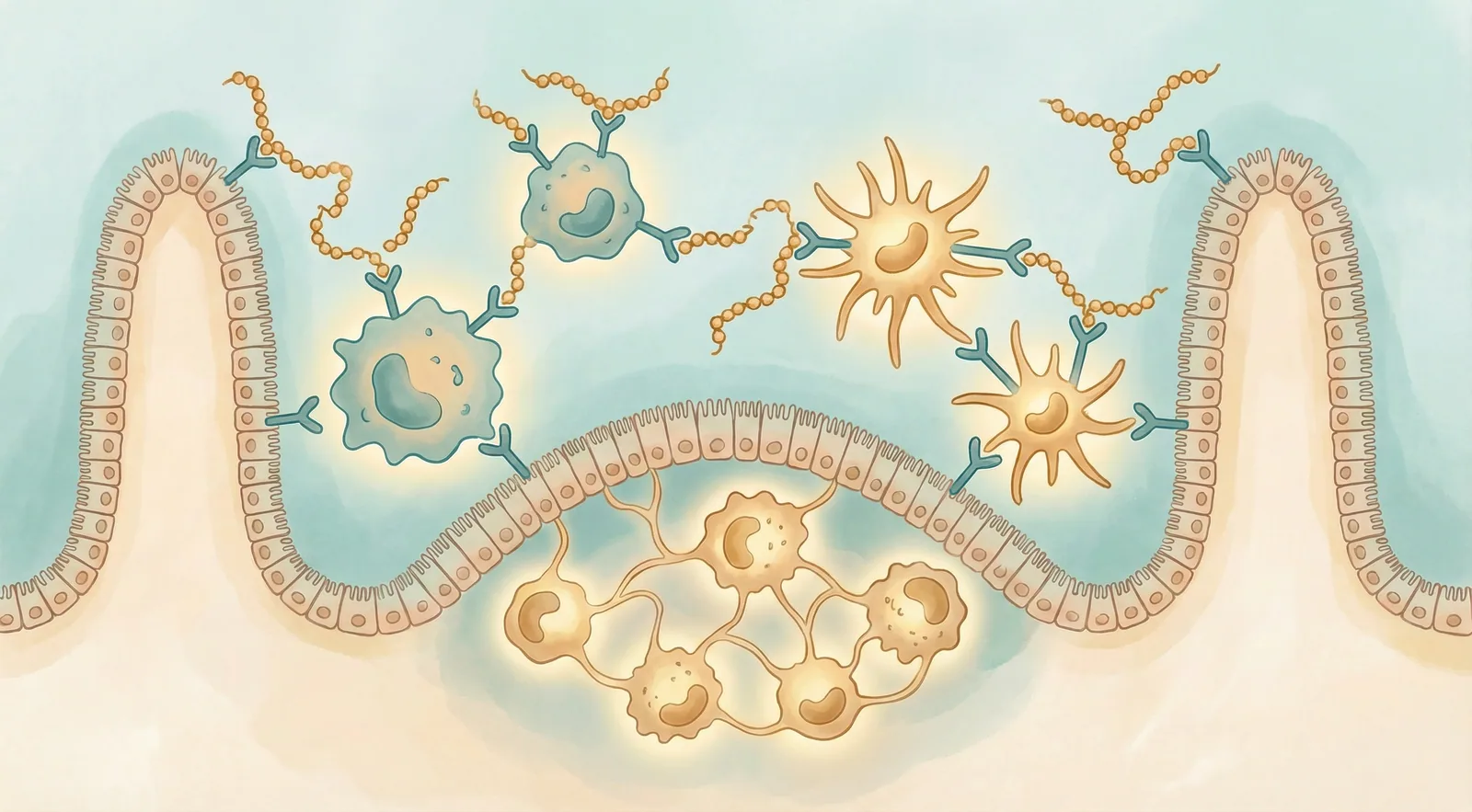 Scientific illustration of beta-glucan molecules activating immune cells through pattern recognition receptors in the gut