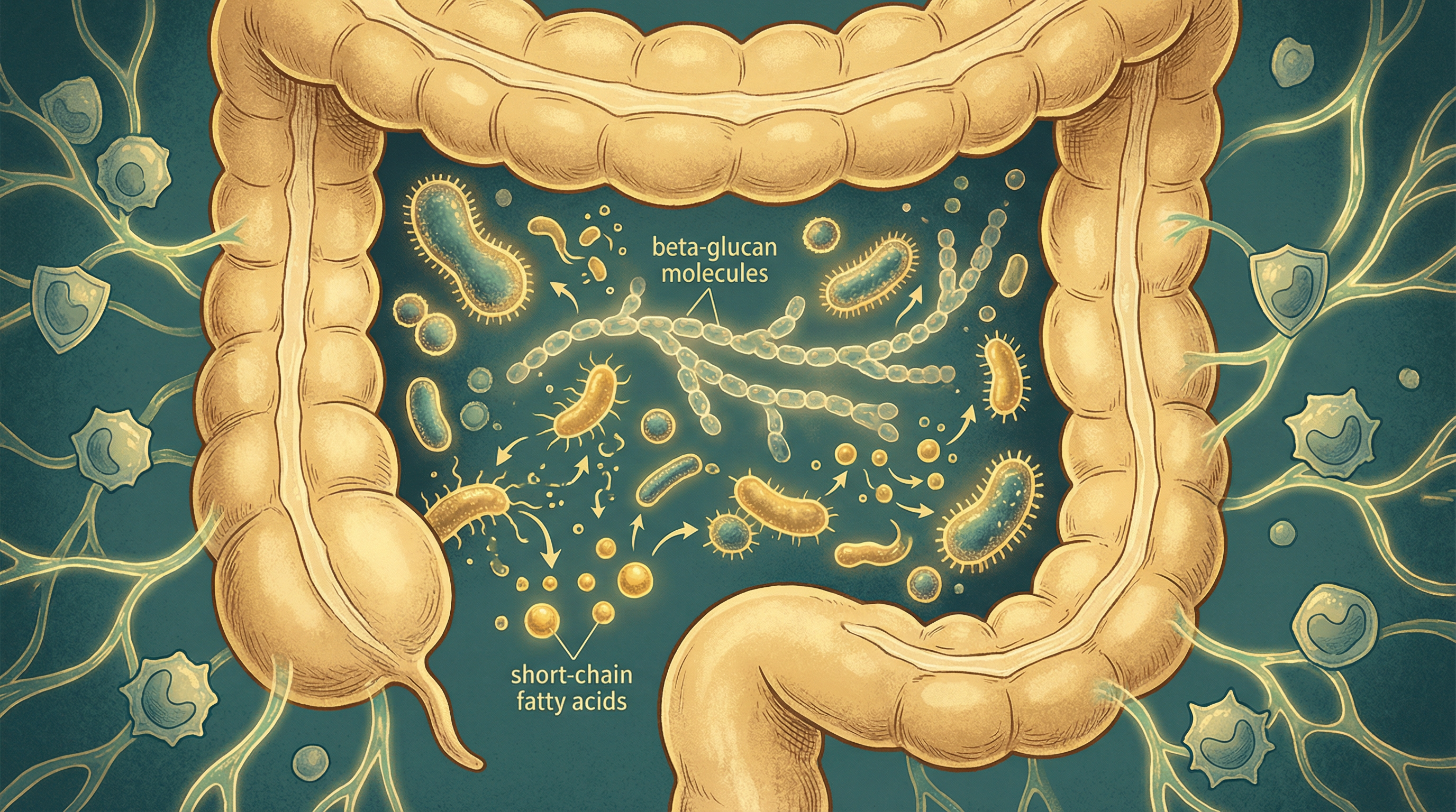 Gut bacteria fermenting beta-glucan fibers producing beneficial short-chain fatty acids in the intestinal environment