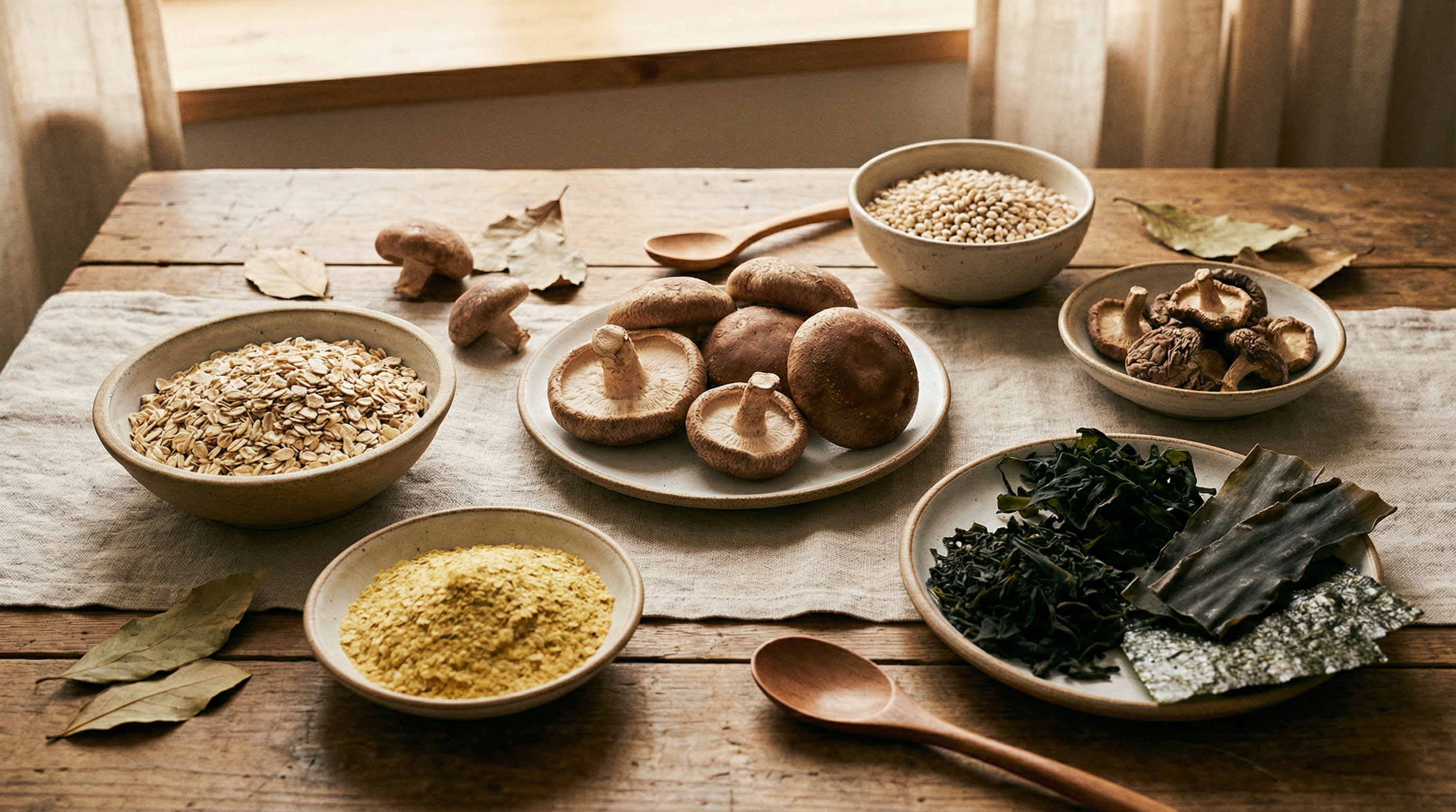 Natural sources of beta-glucan including oats, mushrooms, barley, and yeast arranged showing the diversity of beta-glucan types