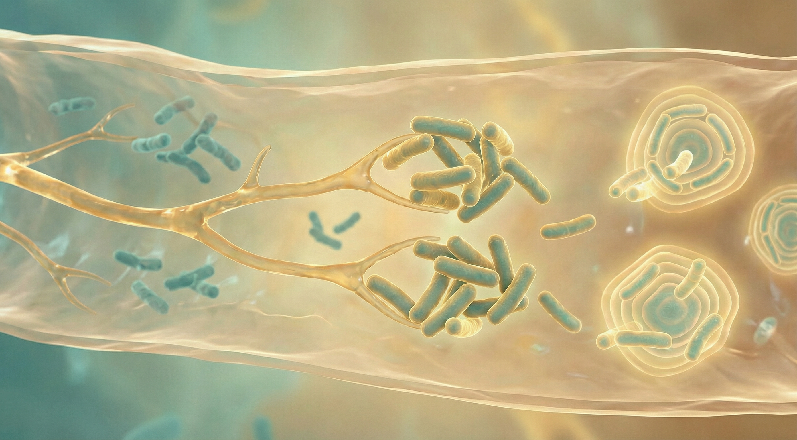 Scientific illustration of fructooligosaccharides selectively feeding Bifidobacterium in the colon showing the bifidogenic effect