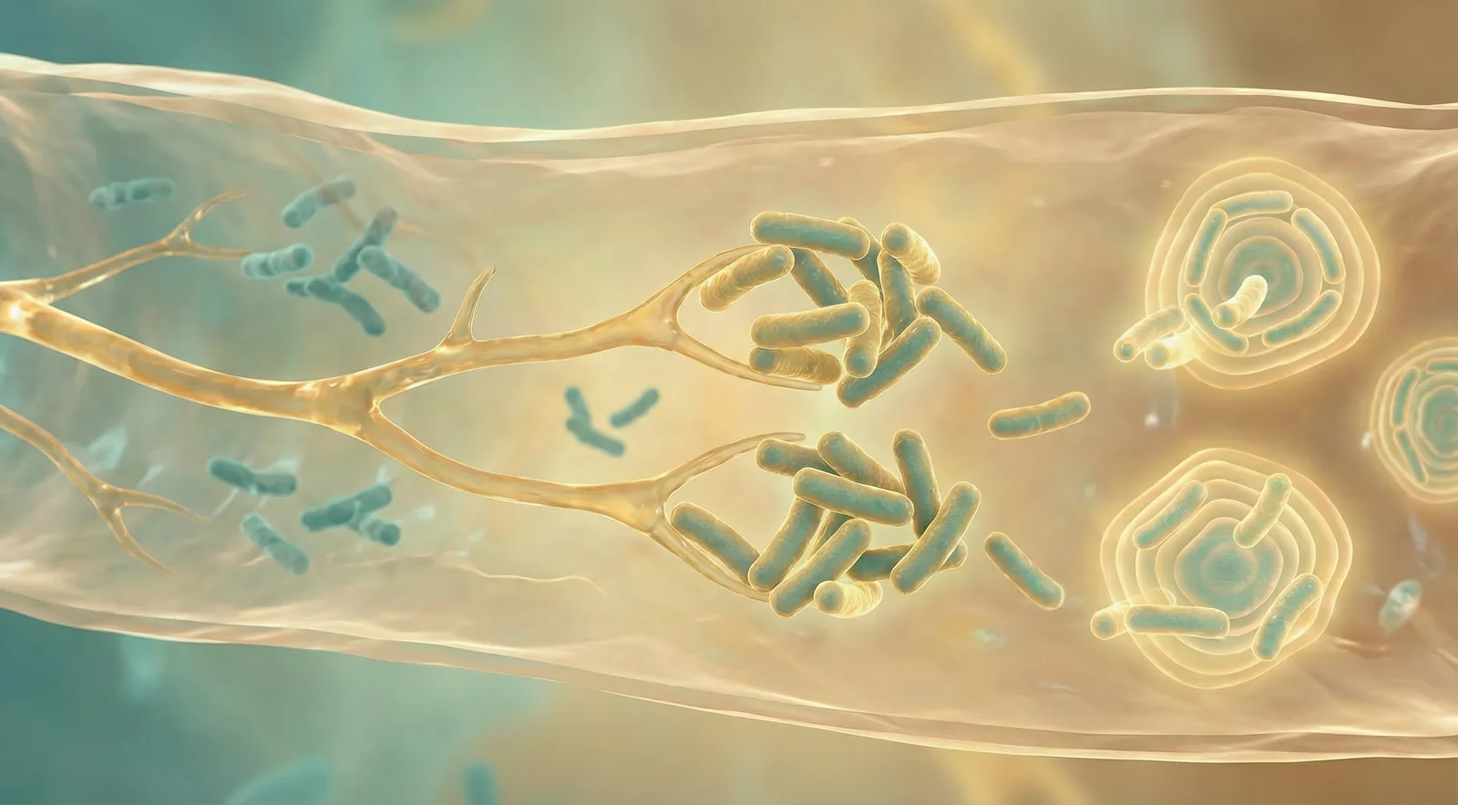 Scientific illustration of fructooligosaccharides selectively feeding Bifidobacterium in the colon showing the bifidogenic effect
