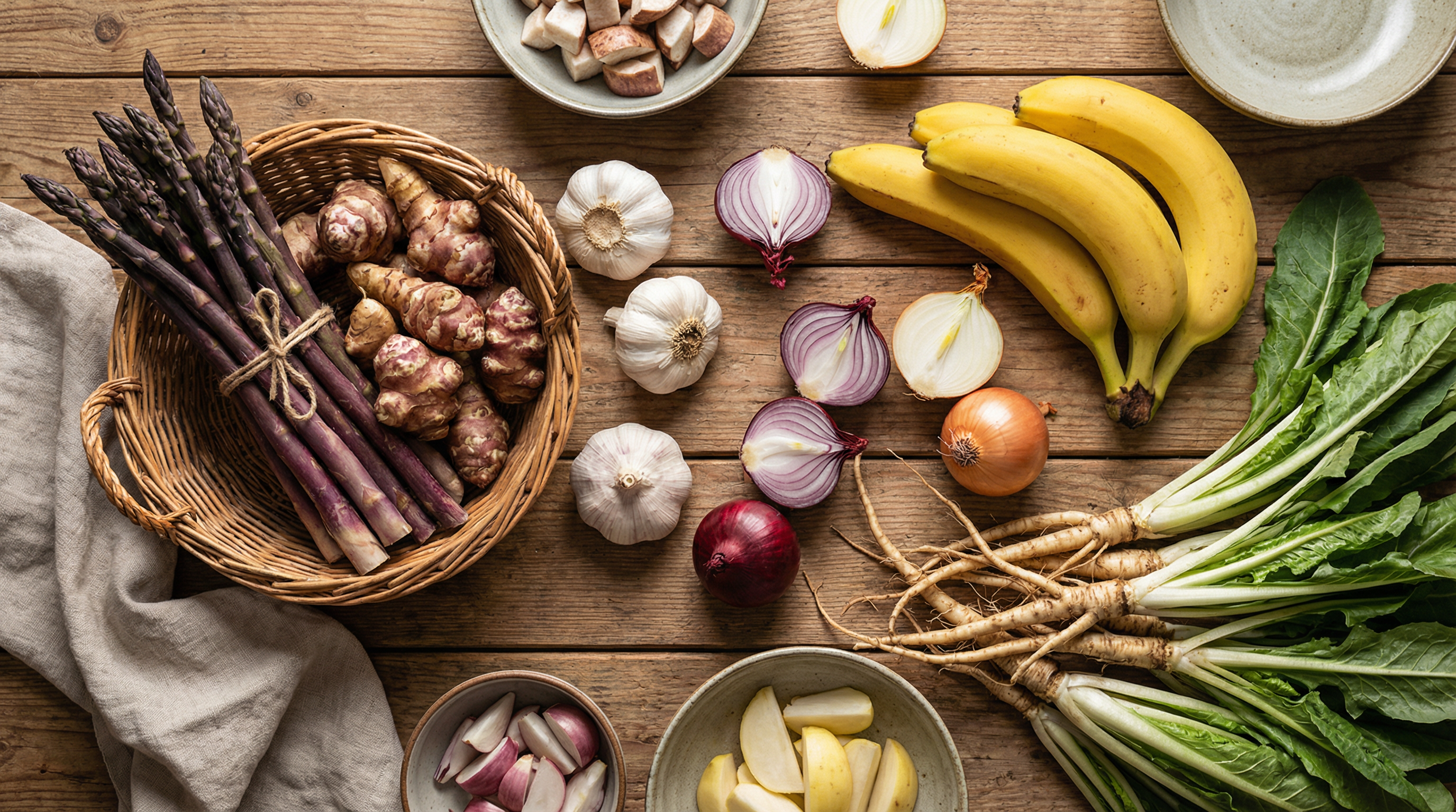 Natural food sources of fructooligosaccharides including chicory root, garlic, onions, bananas, and asparagus