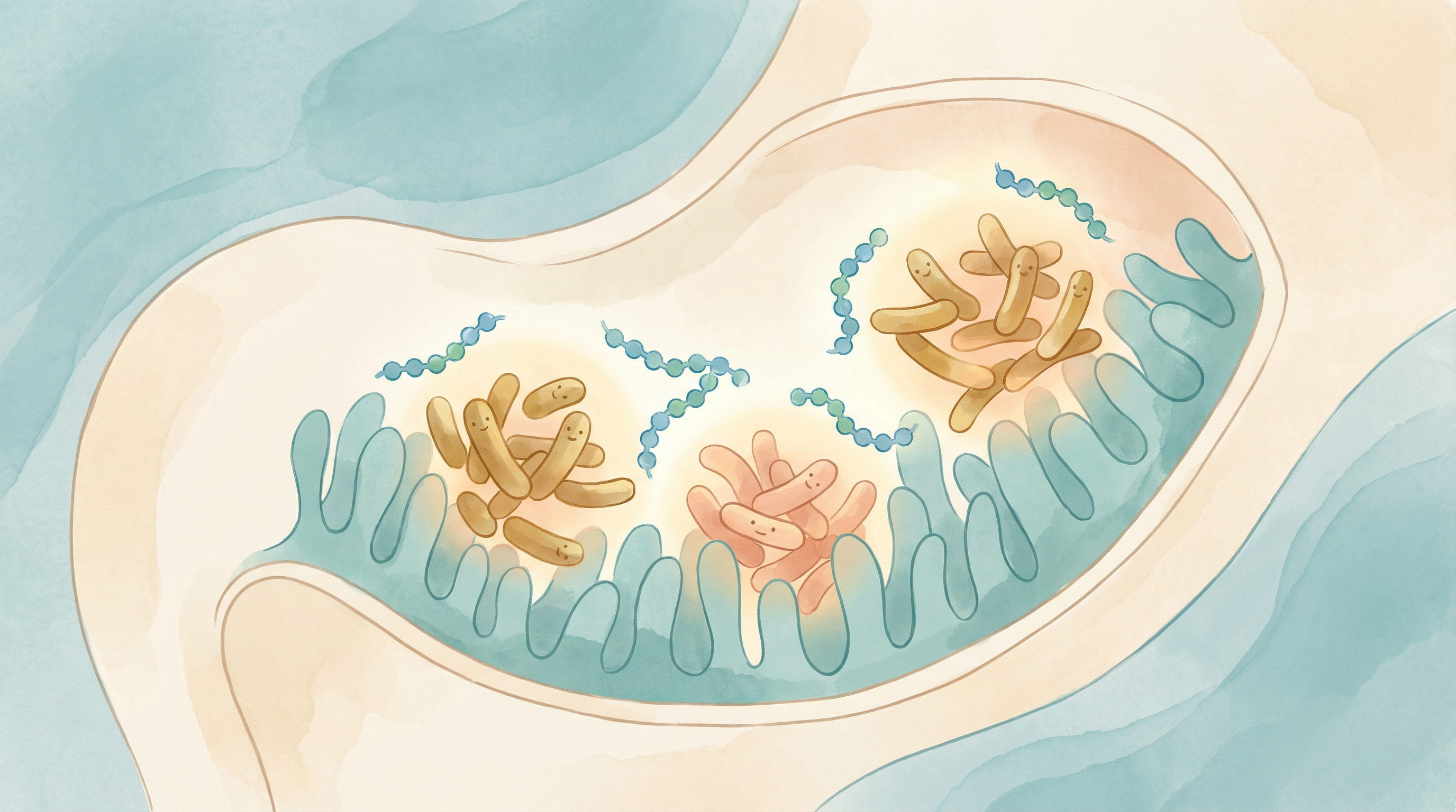 Illustration of GOS supporting infant gut microbiome development mimicking the prebiotic effects of human breast milk