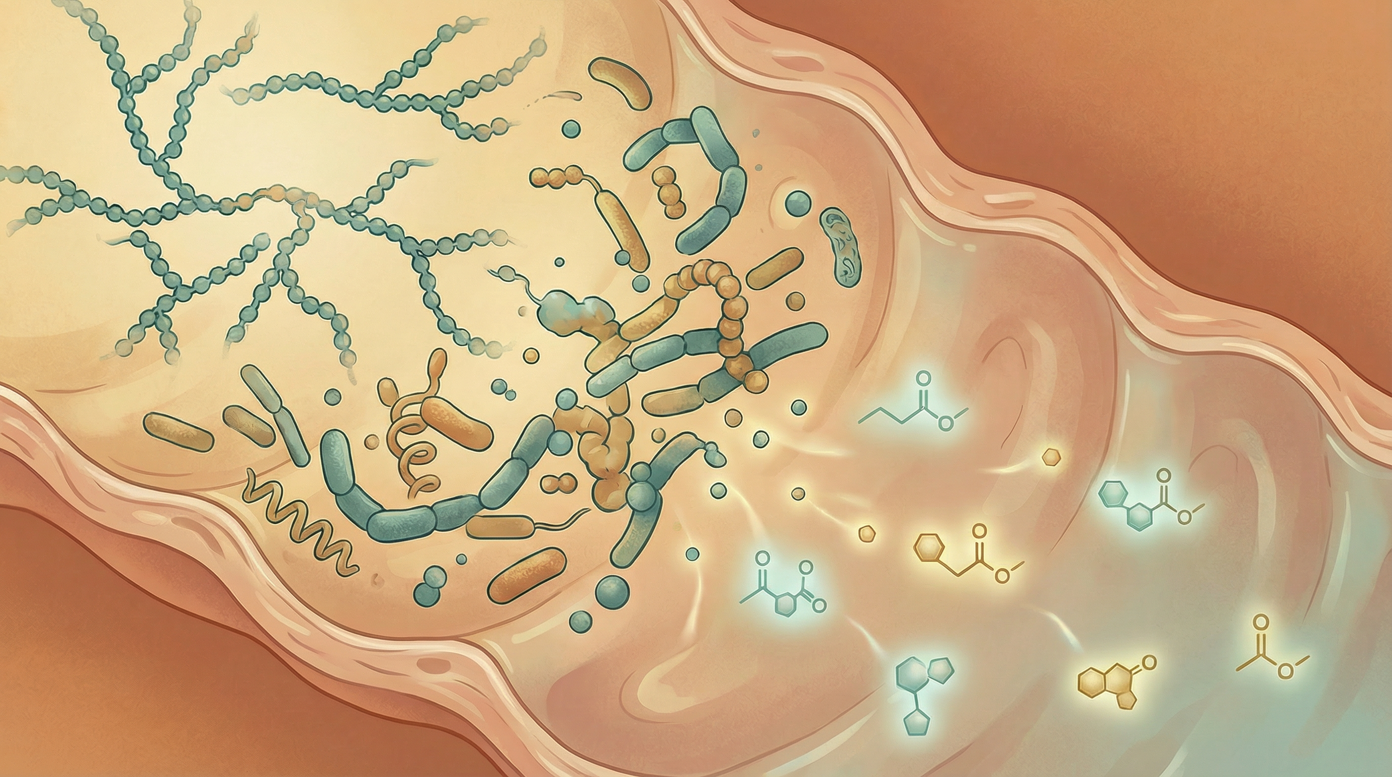 Scientific illustration of inulin being fermented by gut bacteria in the colon producing butyrate and other beneficial short-chain fatty acids