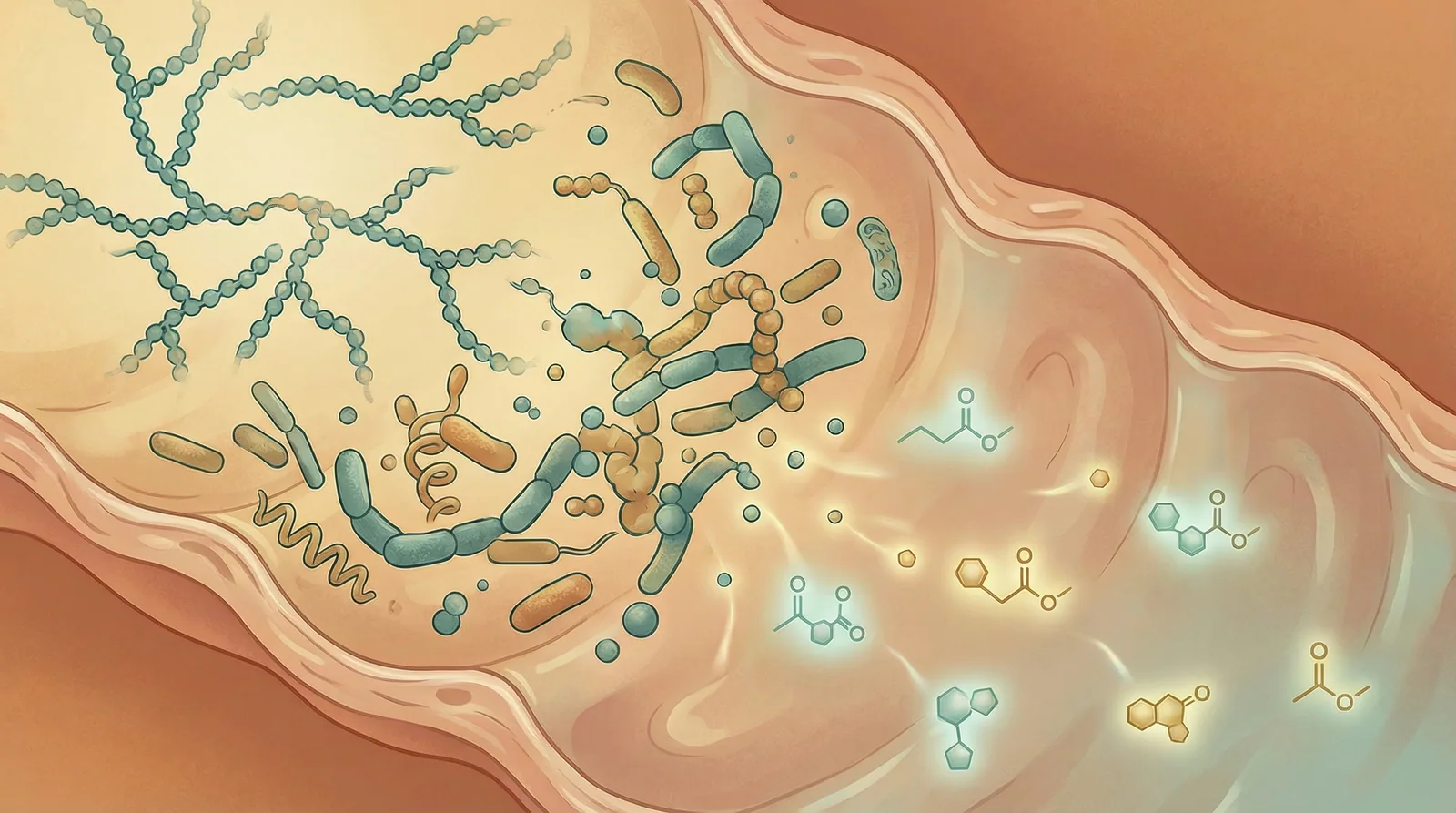 Scientific illustration of inulin being fermented by gut bacteria in the colon producing butyrate and other beneficial short-chain fatty acids