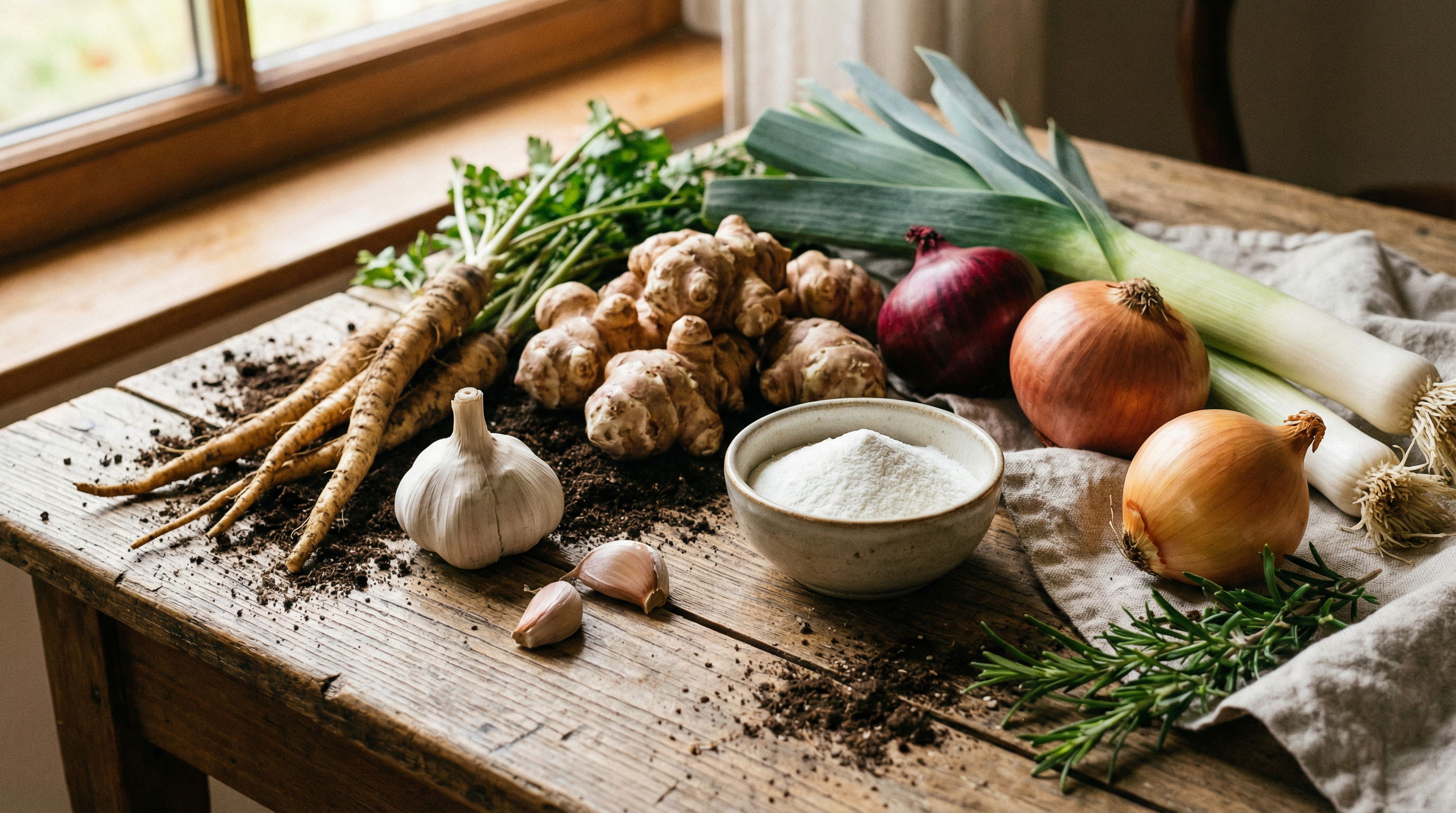 Natural food sources of inulin including chicory root, Jerusalem artichoke, garlic, onions, and leeks alongside inulin supplement powder
