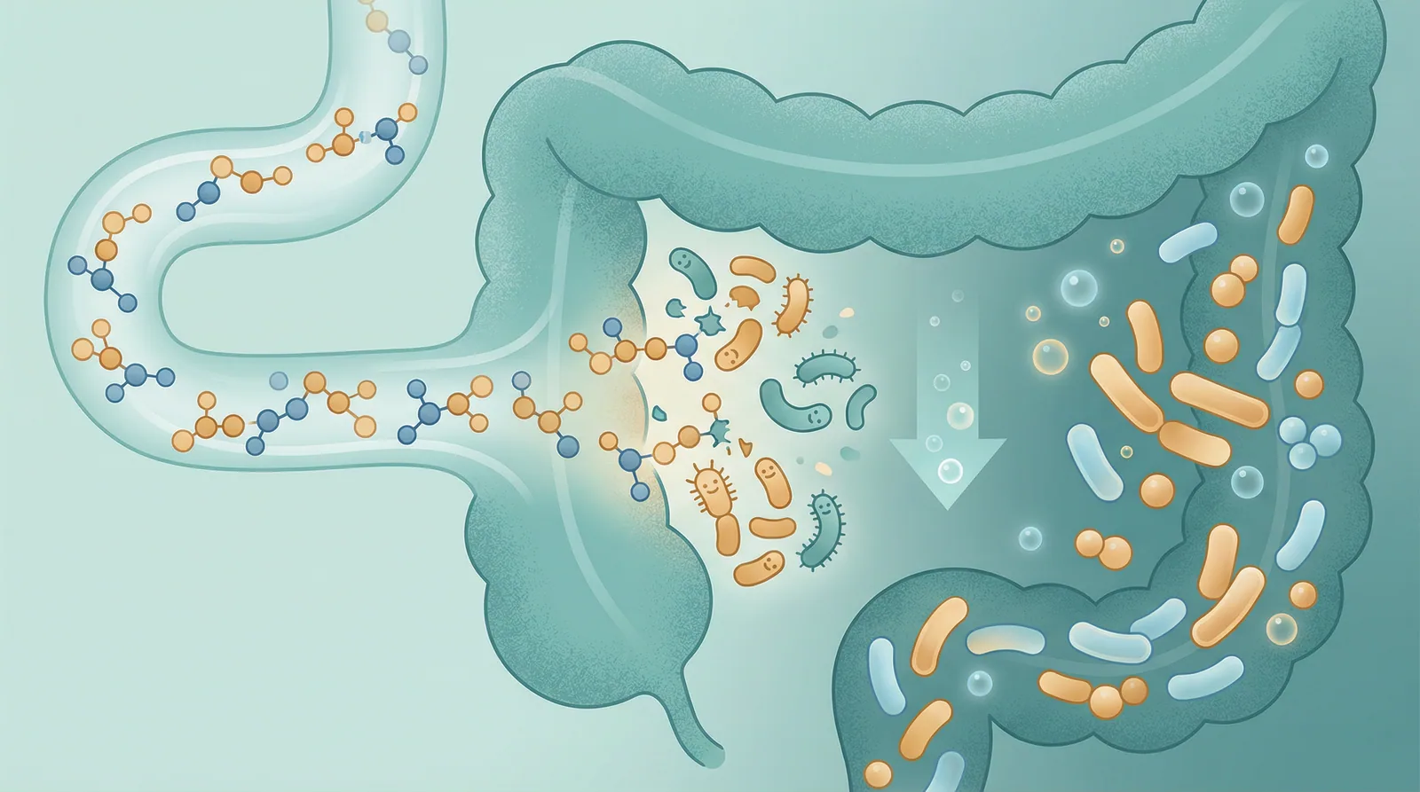 Scientific illustration of lactulose being metabolized by colonic bacteria lowering pH and promoting beneficial bacterial growth
