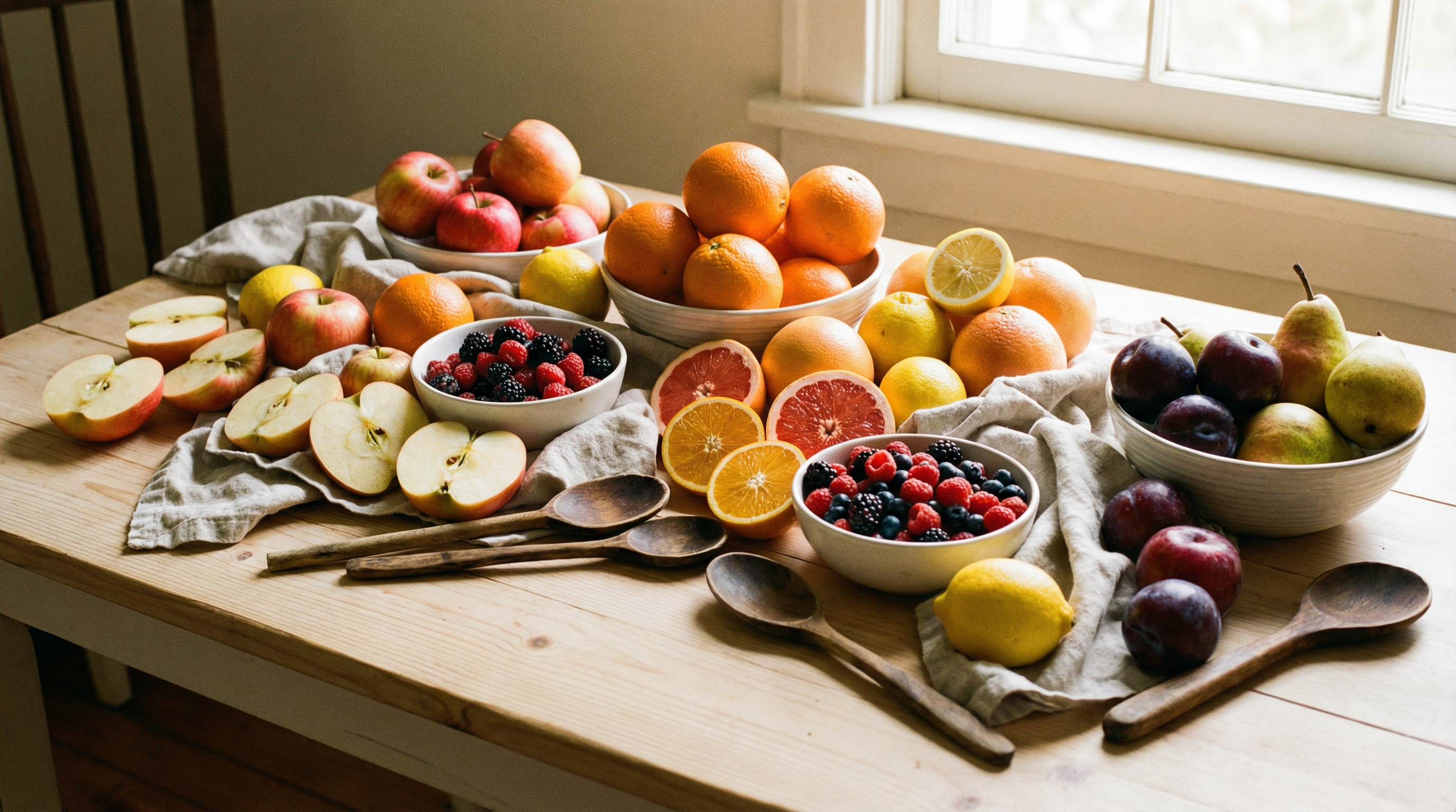 Colorful fruits rich in pectin including apples, citrus fruits, berries, and plums showing natural pectin sources