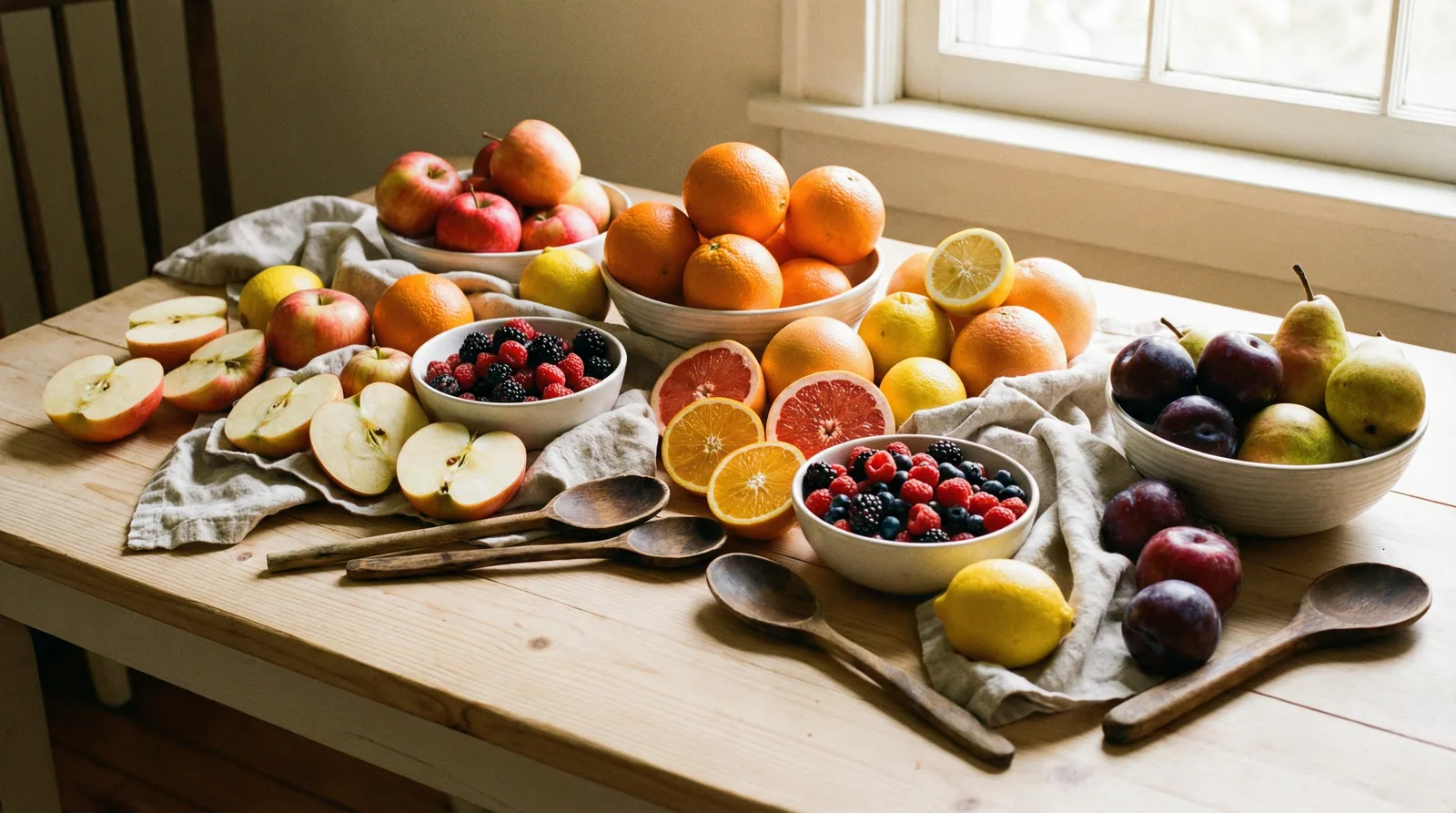 Colorful fruits rich in pectin including apples, citrus fruits, berries, and plums showing natural pectin sources