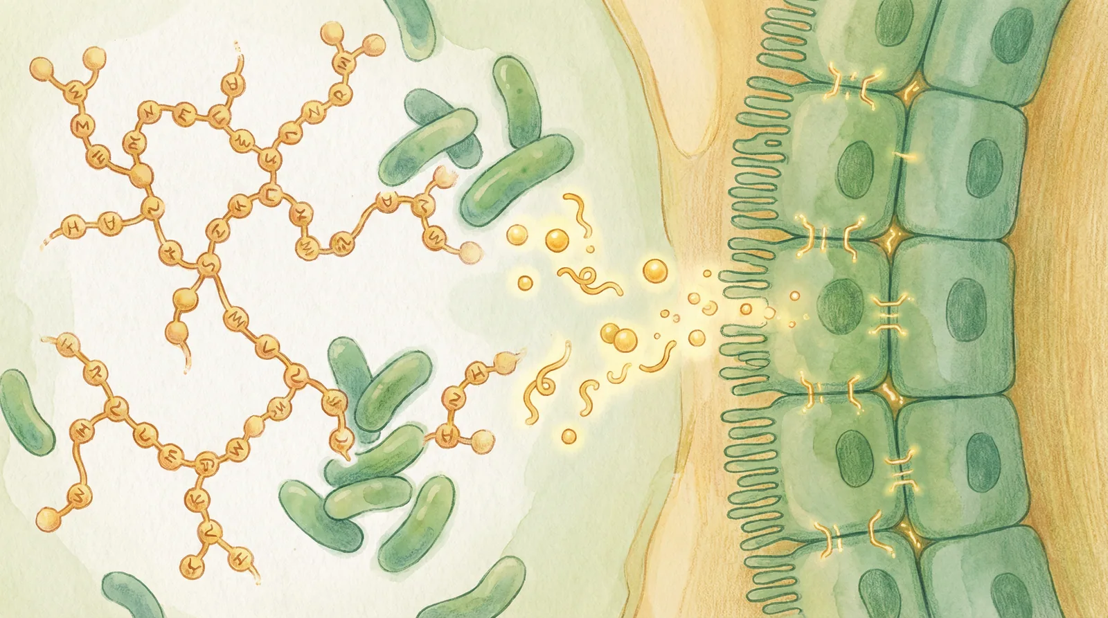 Scientific illustration of pectin being fermented by gut bacteria producing beneficial short-chain fatty acids and supporting gut barrier integrity