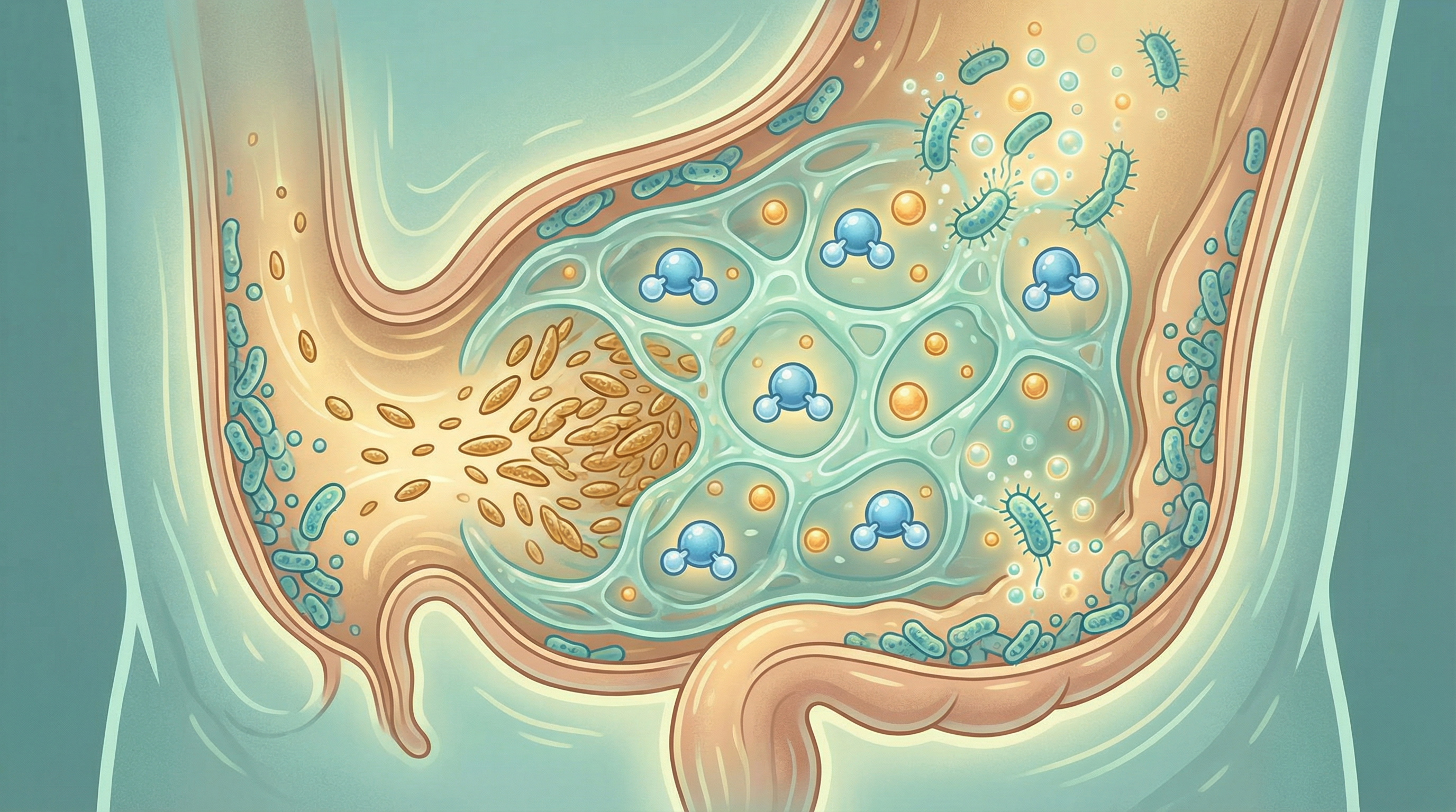 Scientific illustration of psyllium husk forming a viscous gel in the digestive tract that slows digestion and feeds gut bacteria