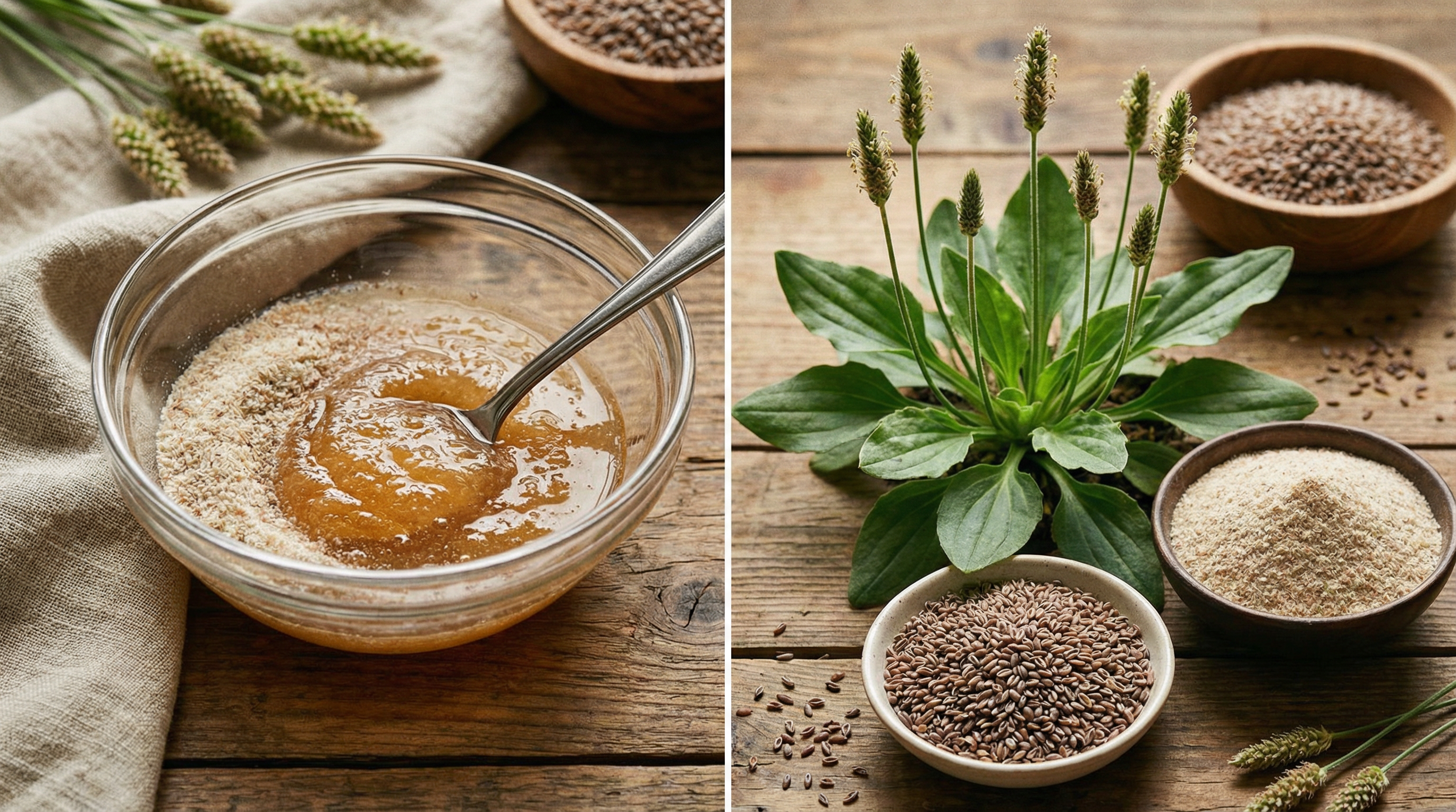 Psyllium husk seeds and powder from the Plantago ovata plant showing the gel-forming soluble fiber