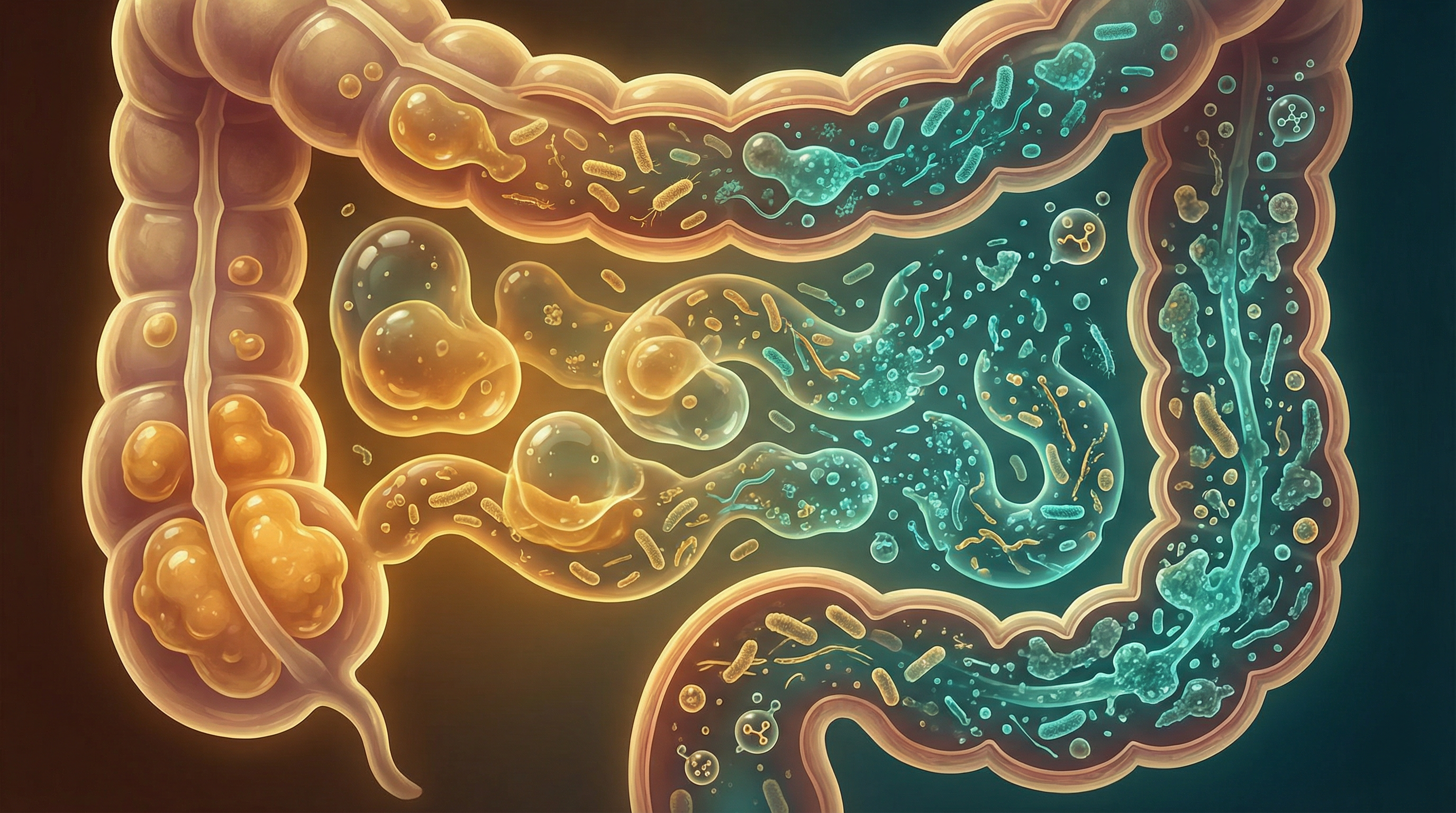 Gut bacteria slowly fermenting psyllium husk gel in the colon producing beneficial metabolites throughout the digestive tract
