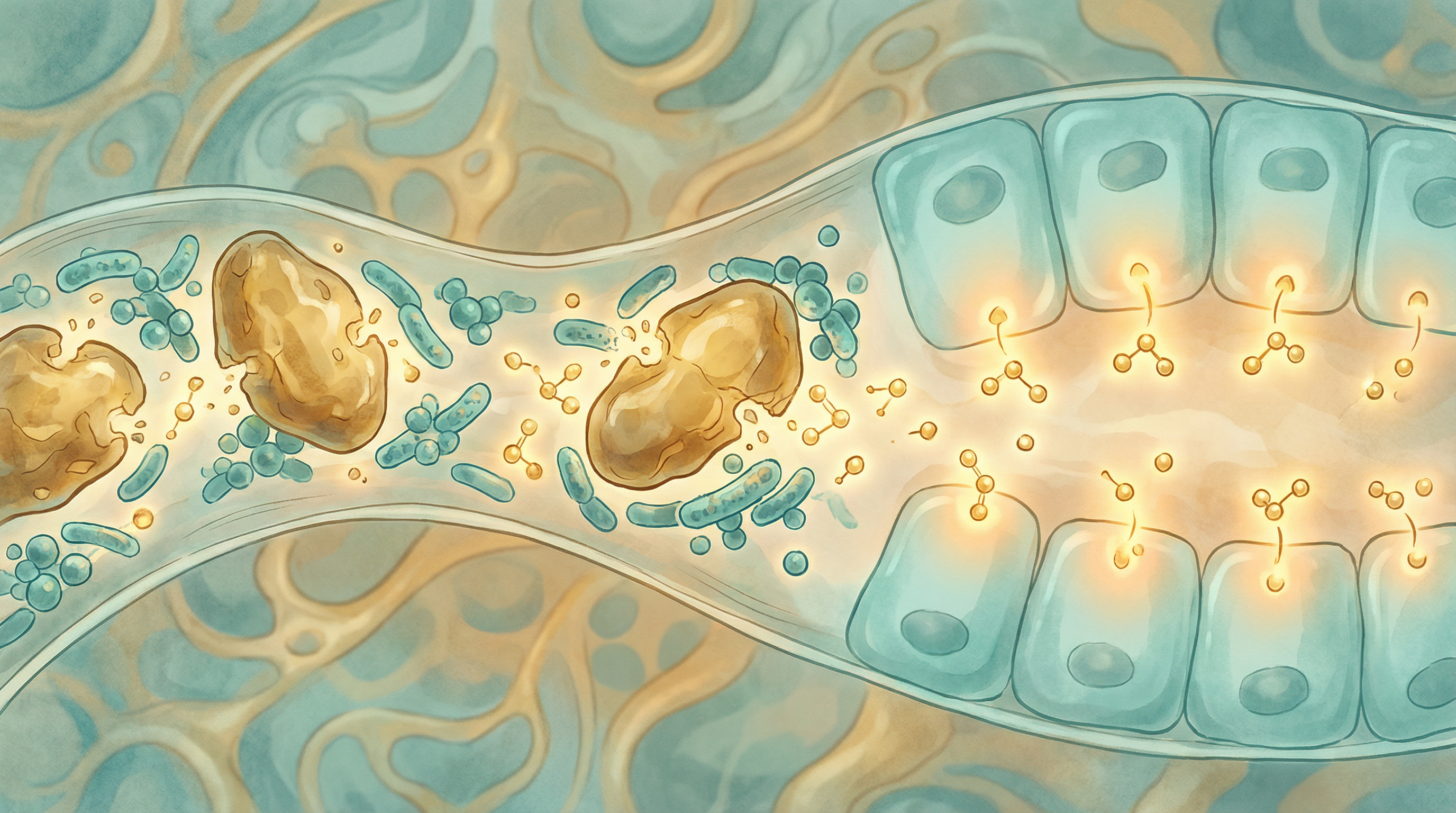 Scientific illustration of resistant starch reaching the colon intact and being fermented into butyrate by specialized gut bacteria