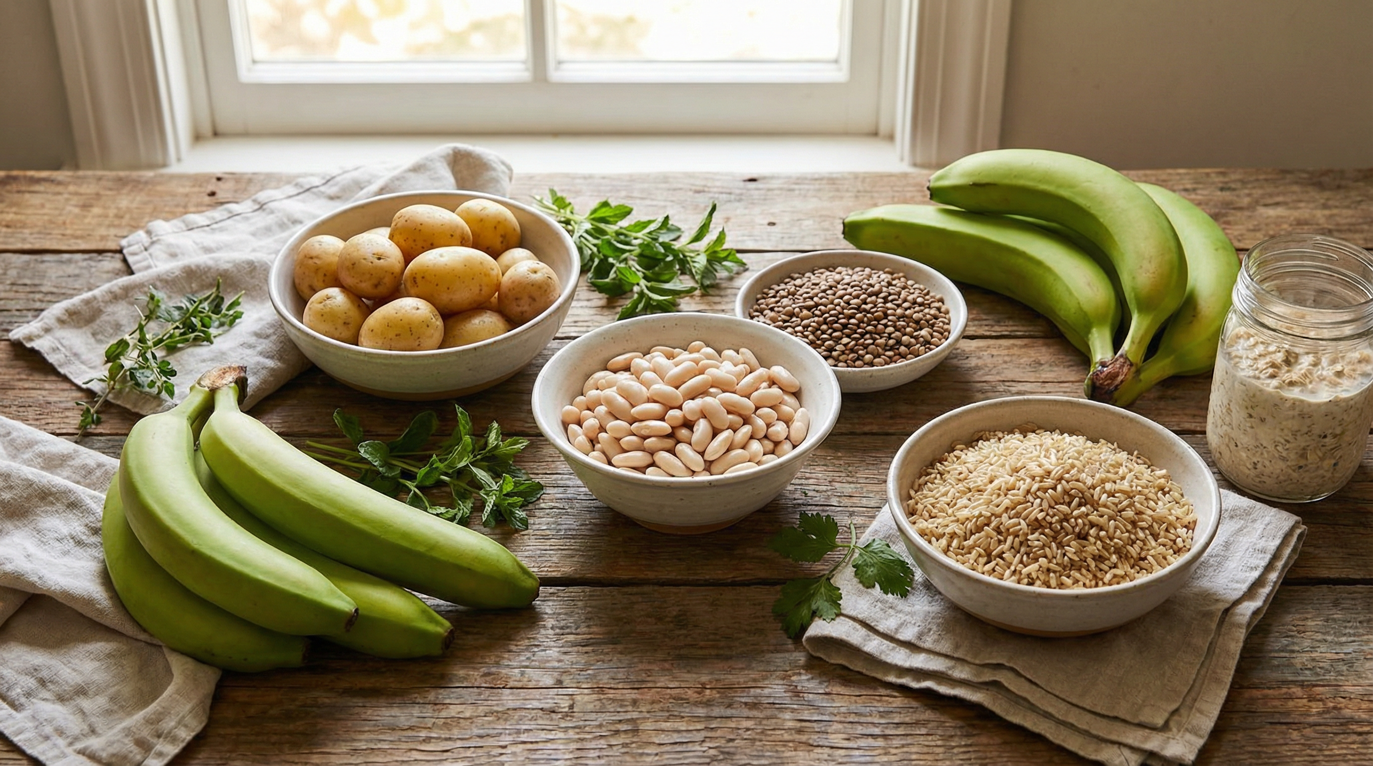 Foods containing different types of resistant starch including green bananas, cooked and cooled potatoes, legumes, and whole grains