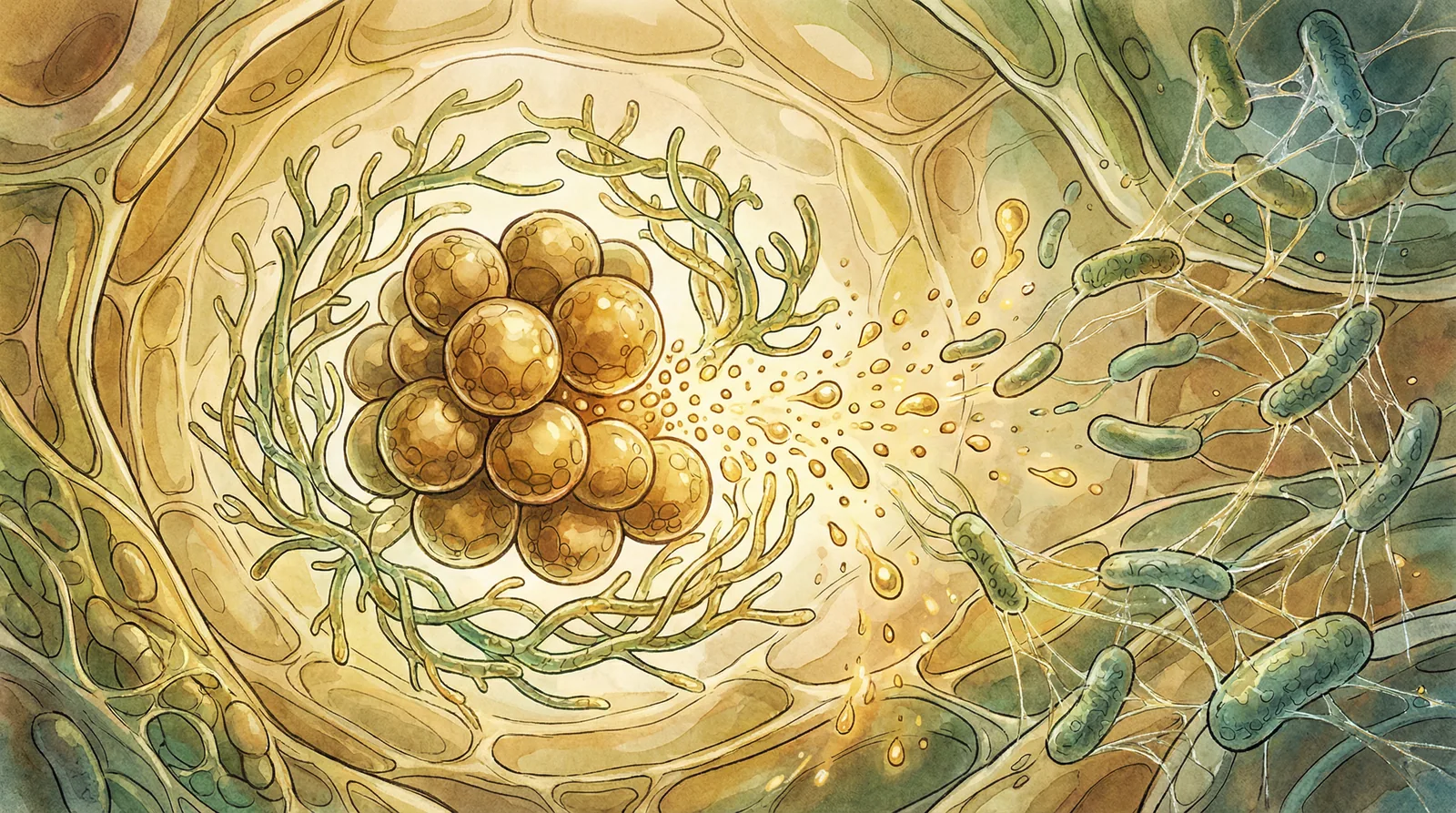 Gut bacteria including Ruminococcus bromii breaking down resistant starch and cross-feeding other beneficial species in the colon