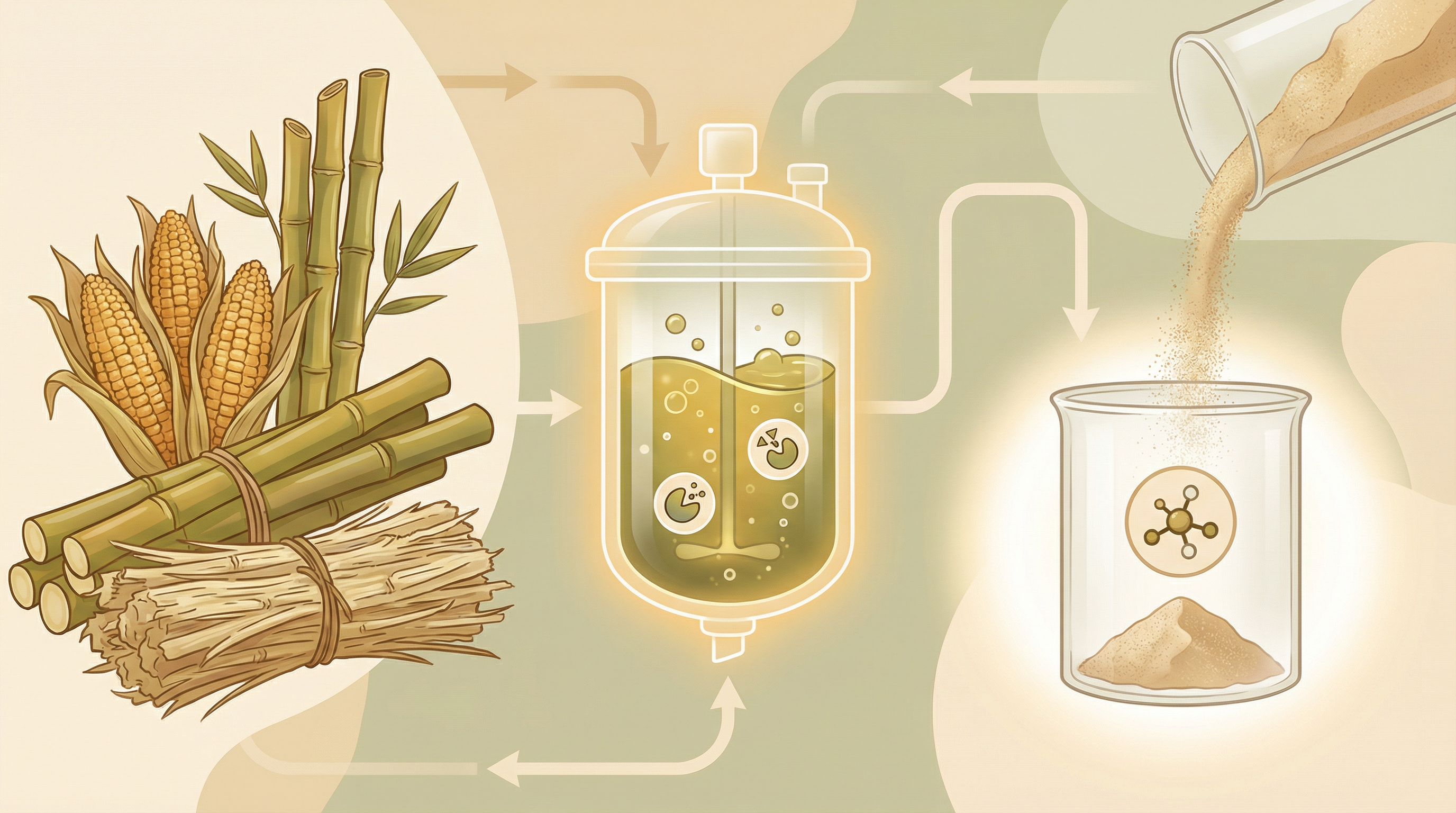 Illustration of xylooligosaccharides being produced from plant fiber sources like corn cobs and bamboo through enzymatic processing