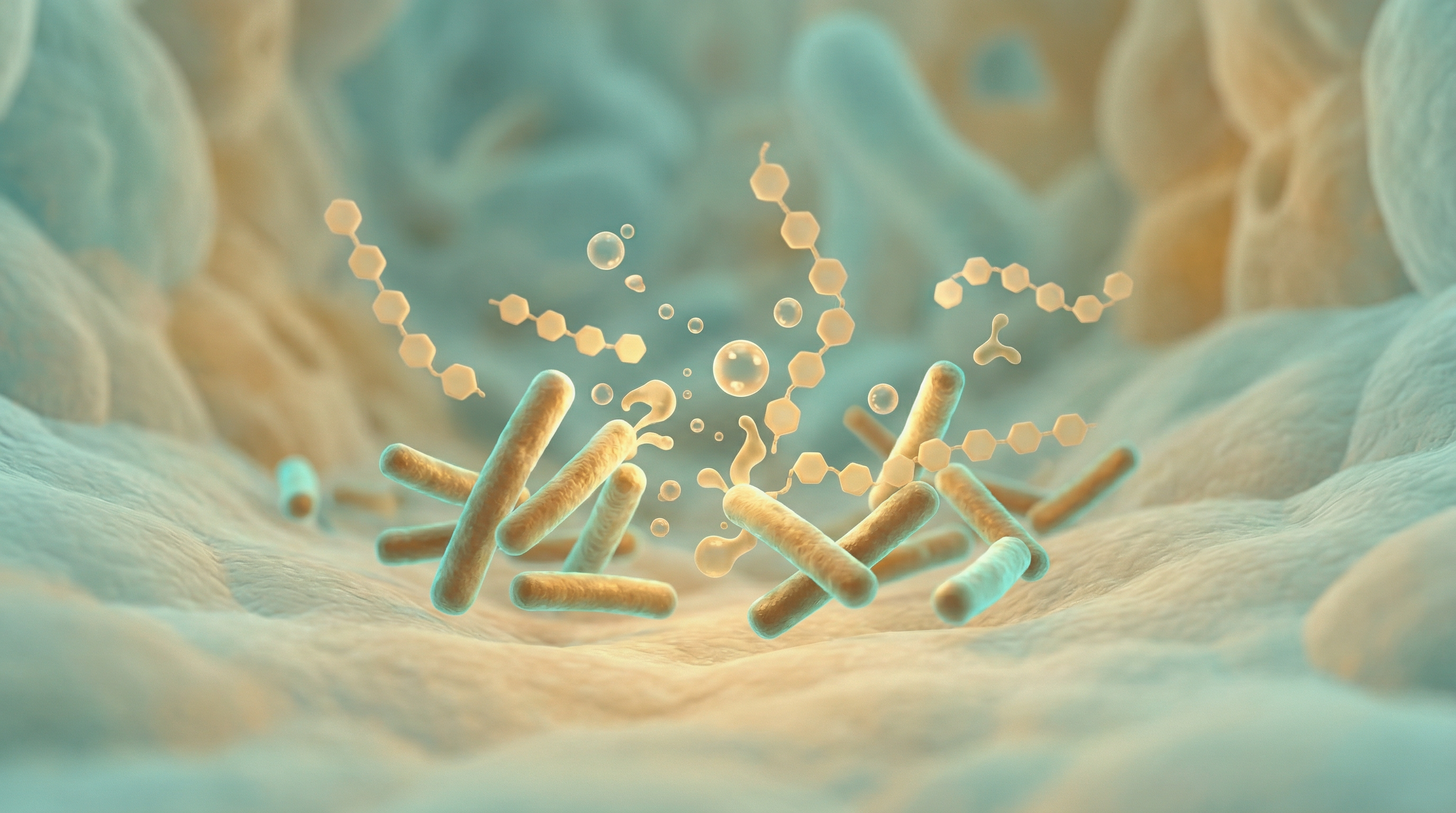 Scientific illustration of XOS being selectively fermented by Bifidobacterium at very low doses showing high prebiotic potency